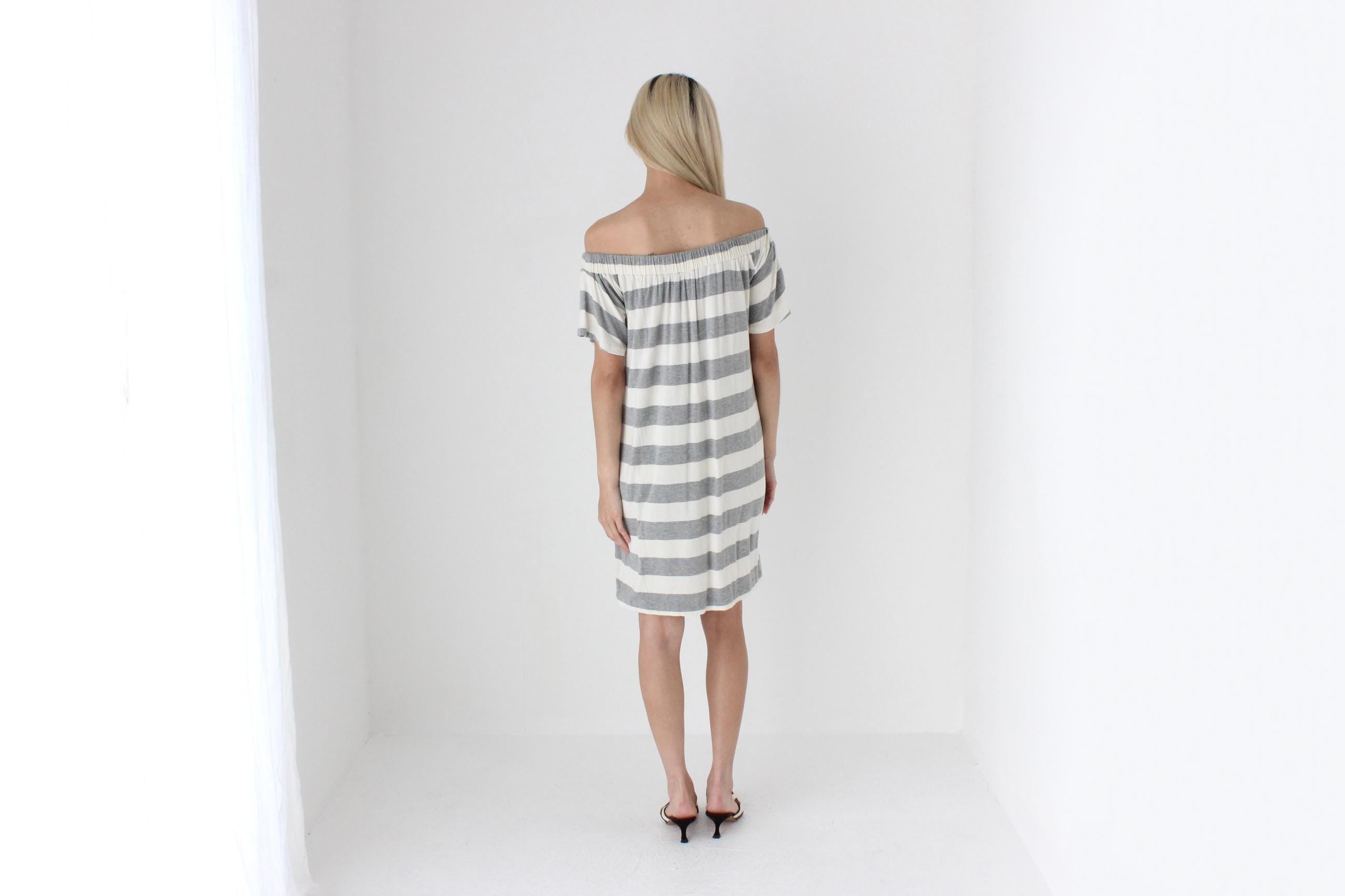 FUTURISM 2000s Bold Stripe Off Shoulder Tee Dress