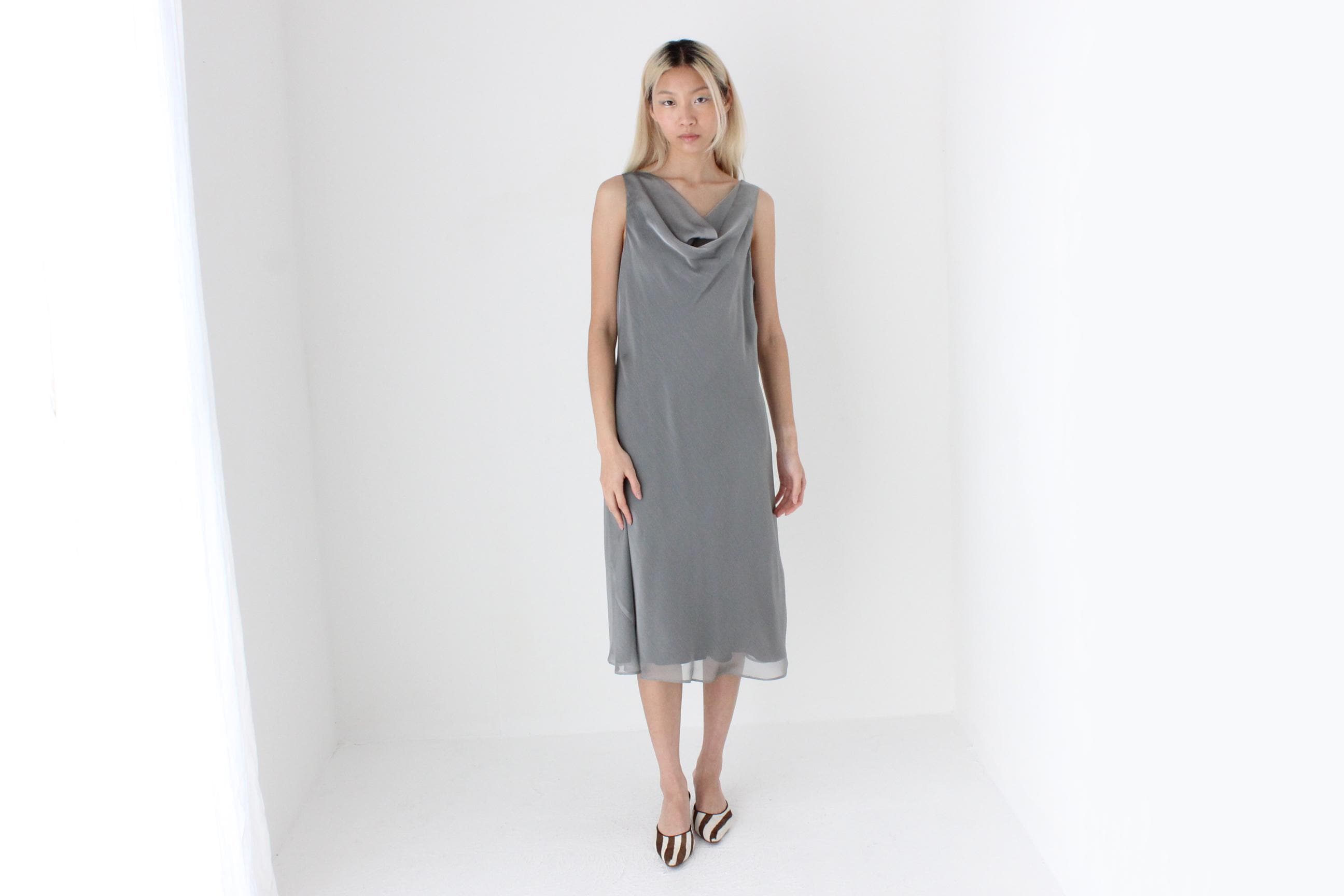 FUTURISM 90s Metallic Gunmetal Draped Bias Dress
