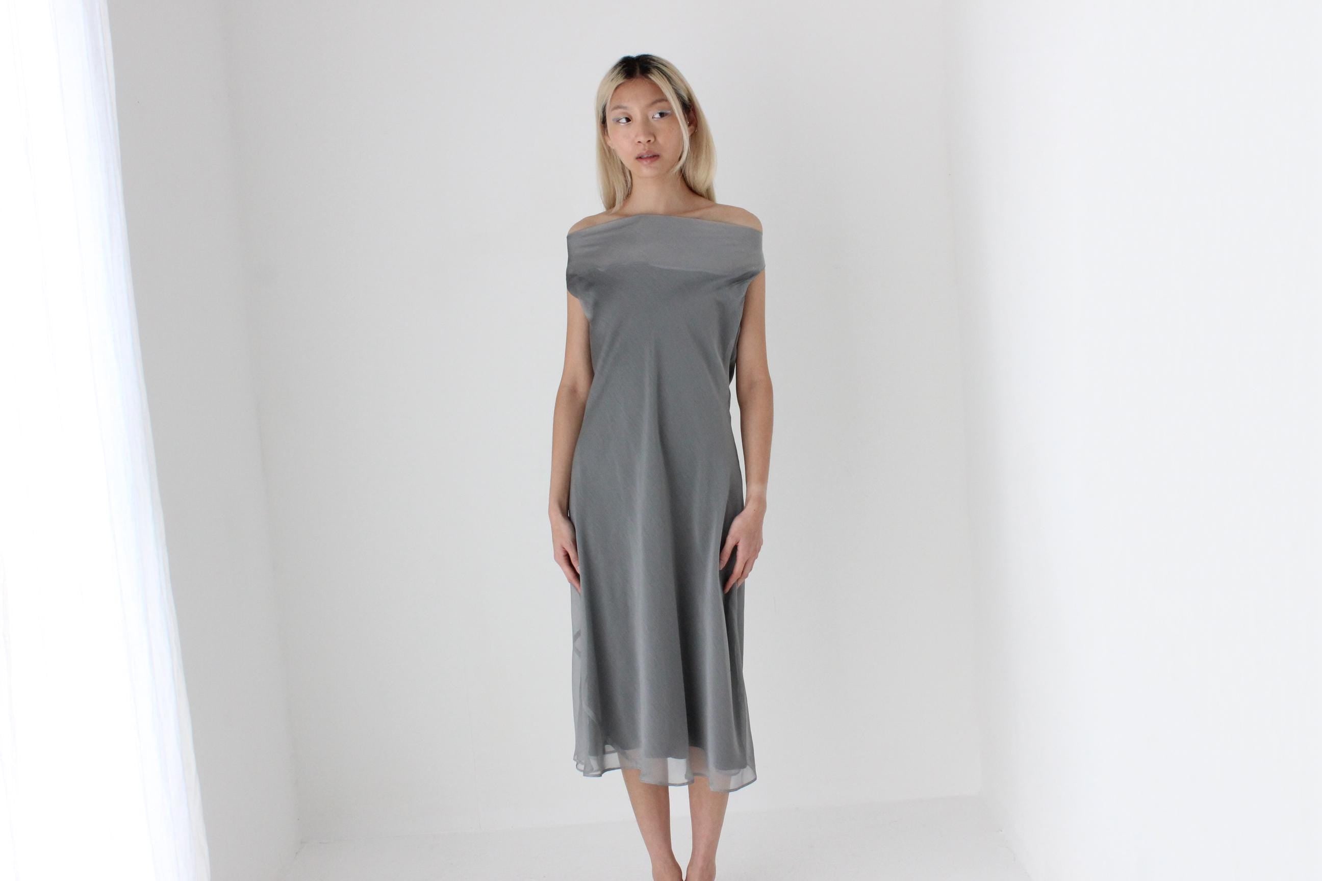 FUTURISM 90s Metallic Gunmetal Draped Bias Dress