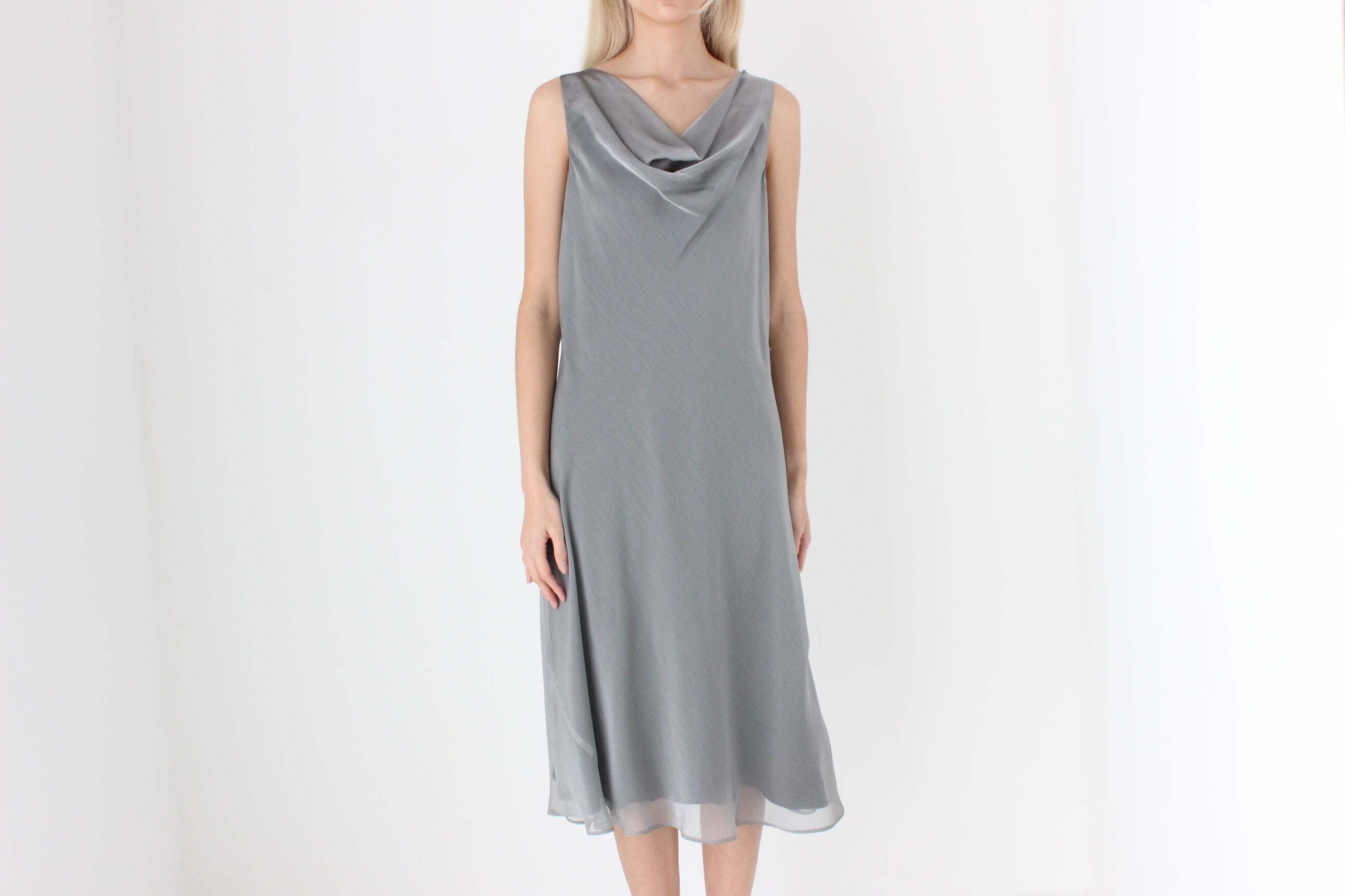 FUTURISM 90s Metallic Gunmetal Draped Bias Dress