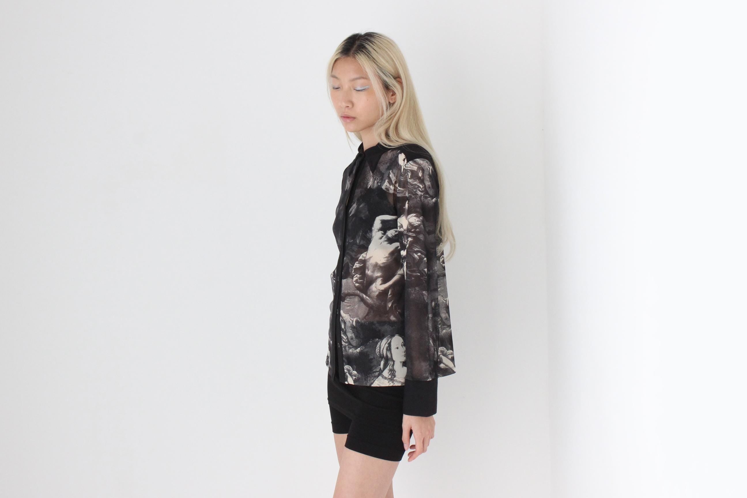 FUTURISM Original 90s Unreal Renaissance Monochromatic Abstract Printed Mesh Button Front Top
