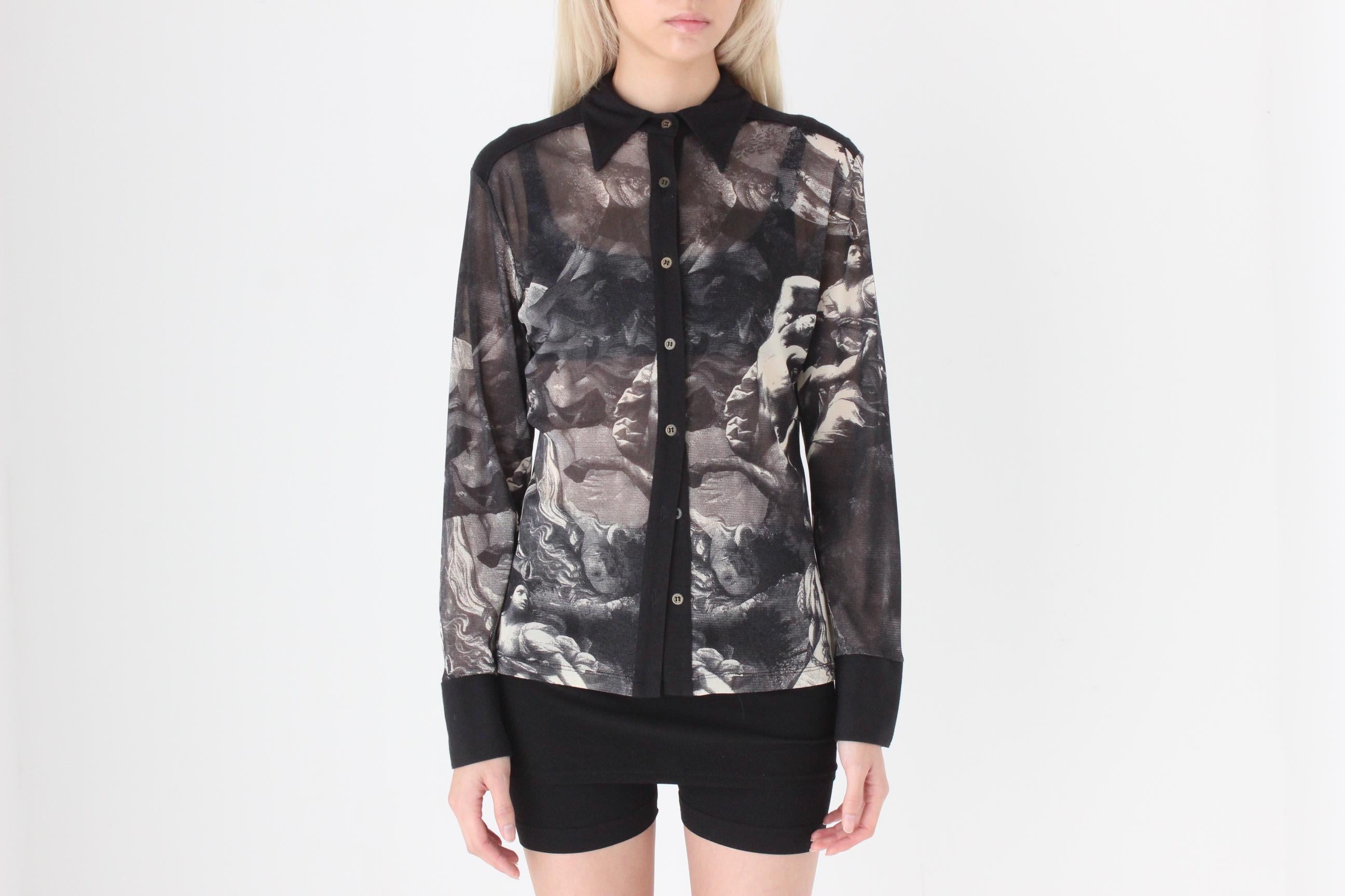 FUTURISM Original 90s Unreal Renaissance Monochromatic Abstract Printed Mesh Button Front Top