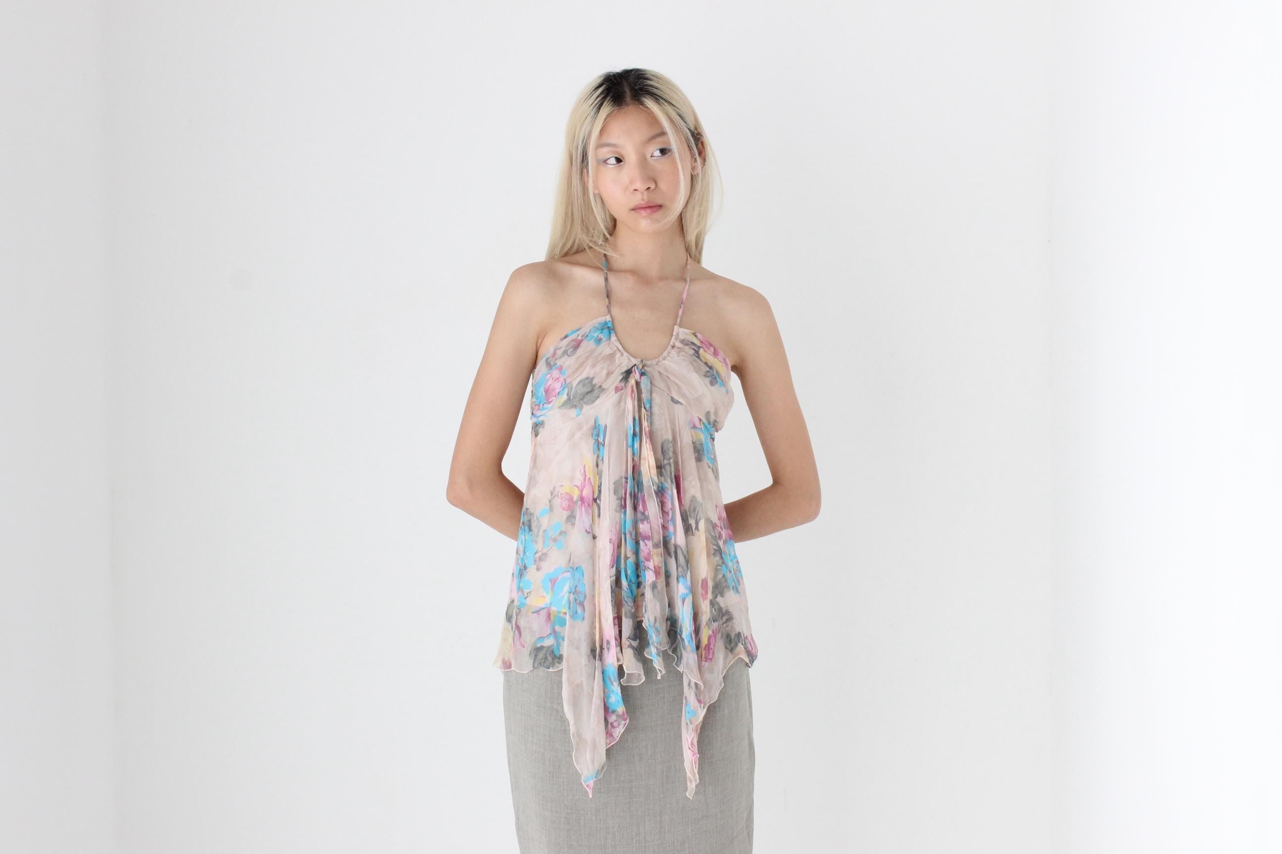 FUTURISM Y2K Pure Silk Floral Georgette Halter Top