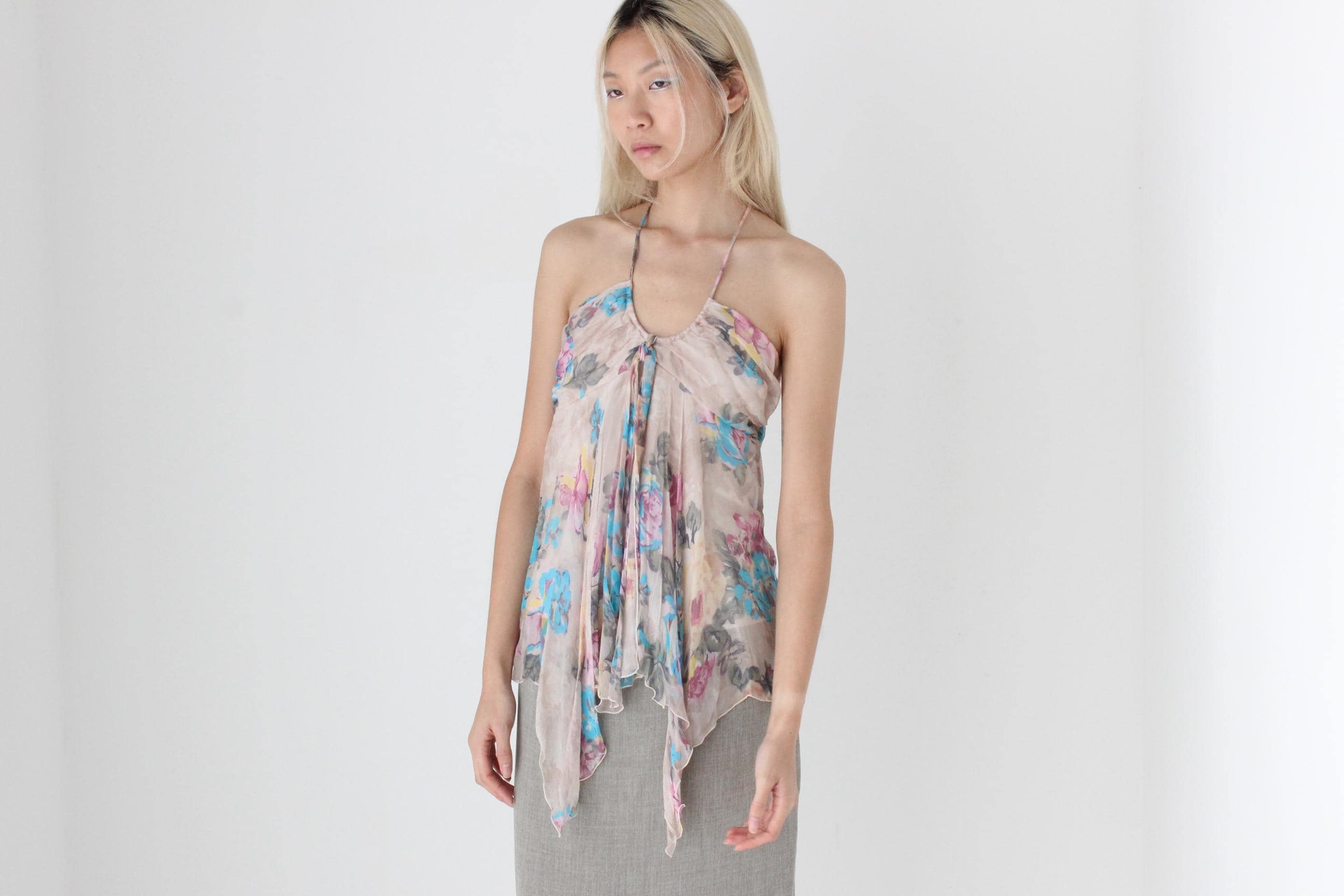 FUTURISM Y2K Pure Silk Floral Georgette Halter Top