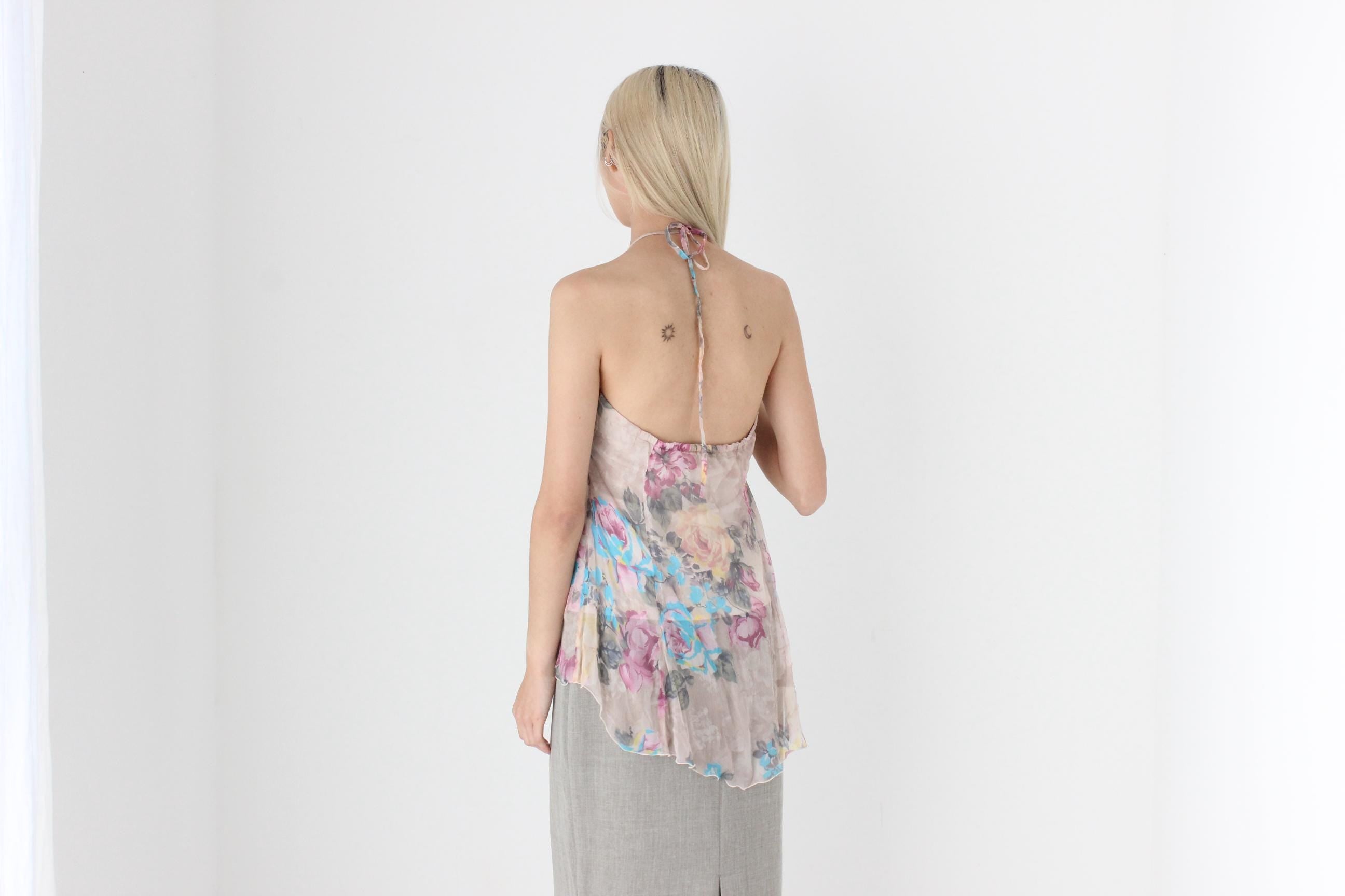 FUTURISM Y2K Pure Silk Floral Georgette Halter Top