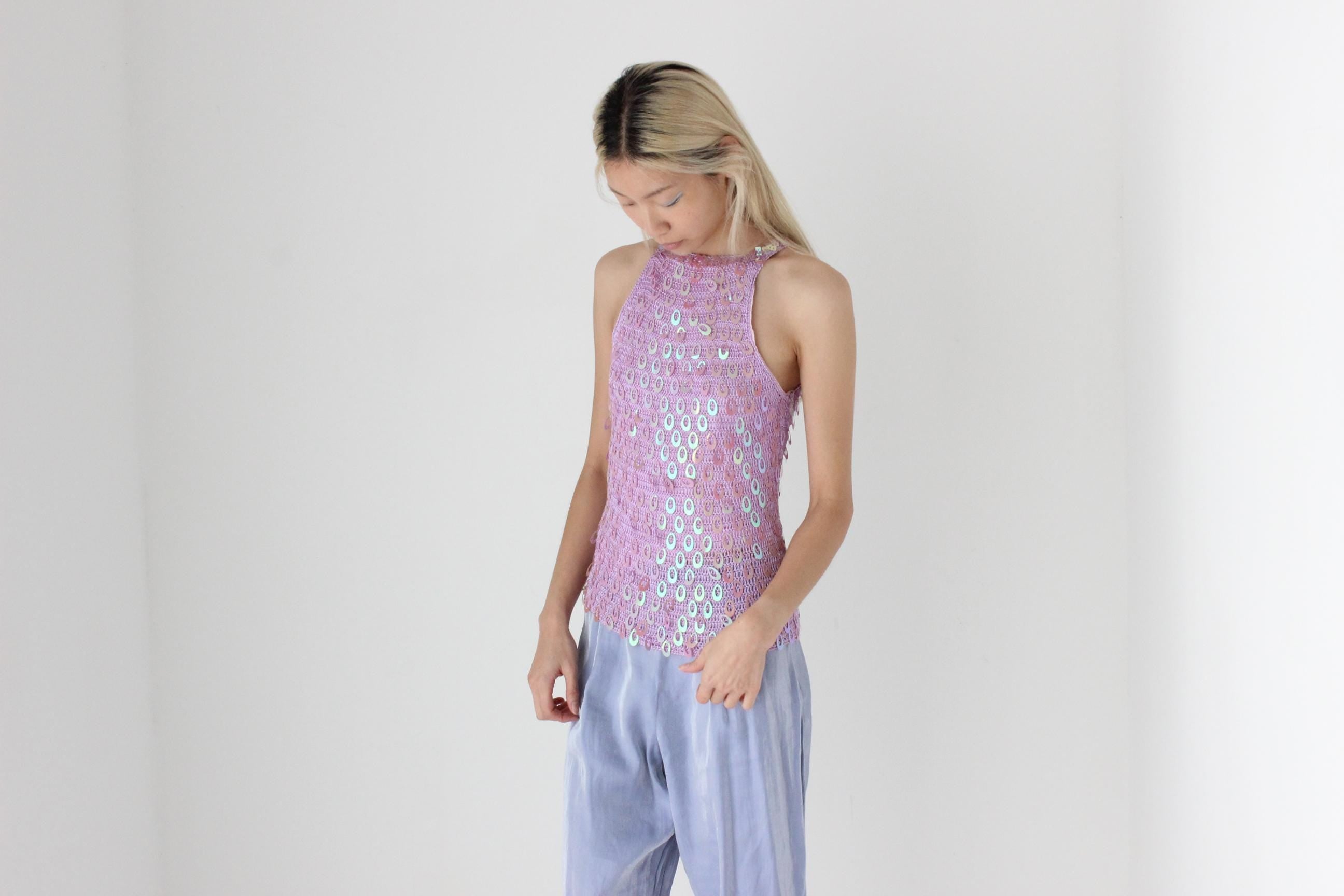 FUTURISM 90s Crochet Knit & Disc Sequin Top