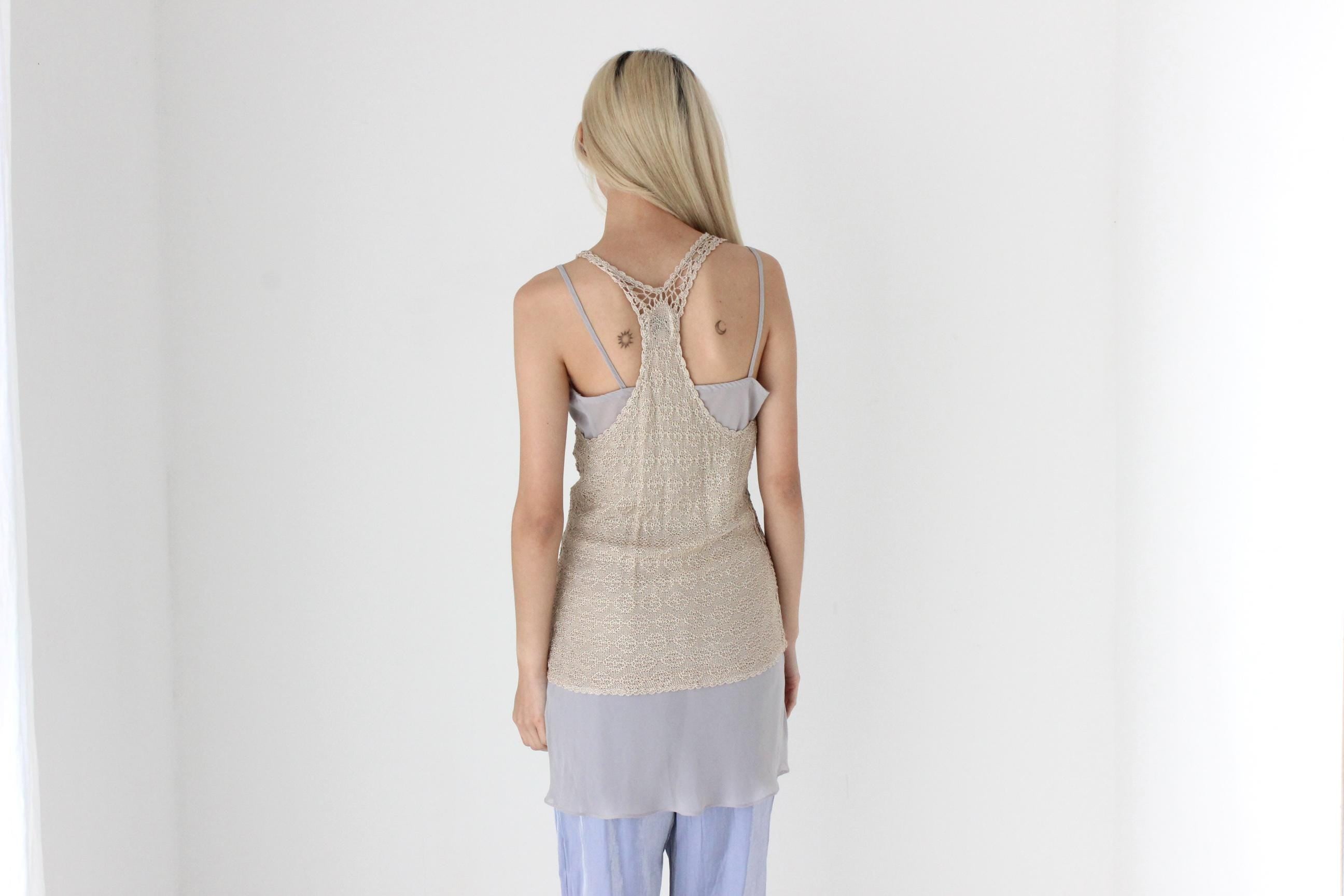 FUTURISM 2000s Neutral Knit Open Sheer Crochet Tank