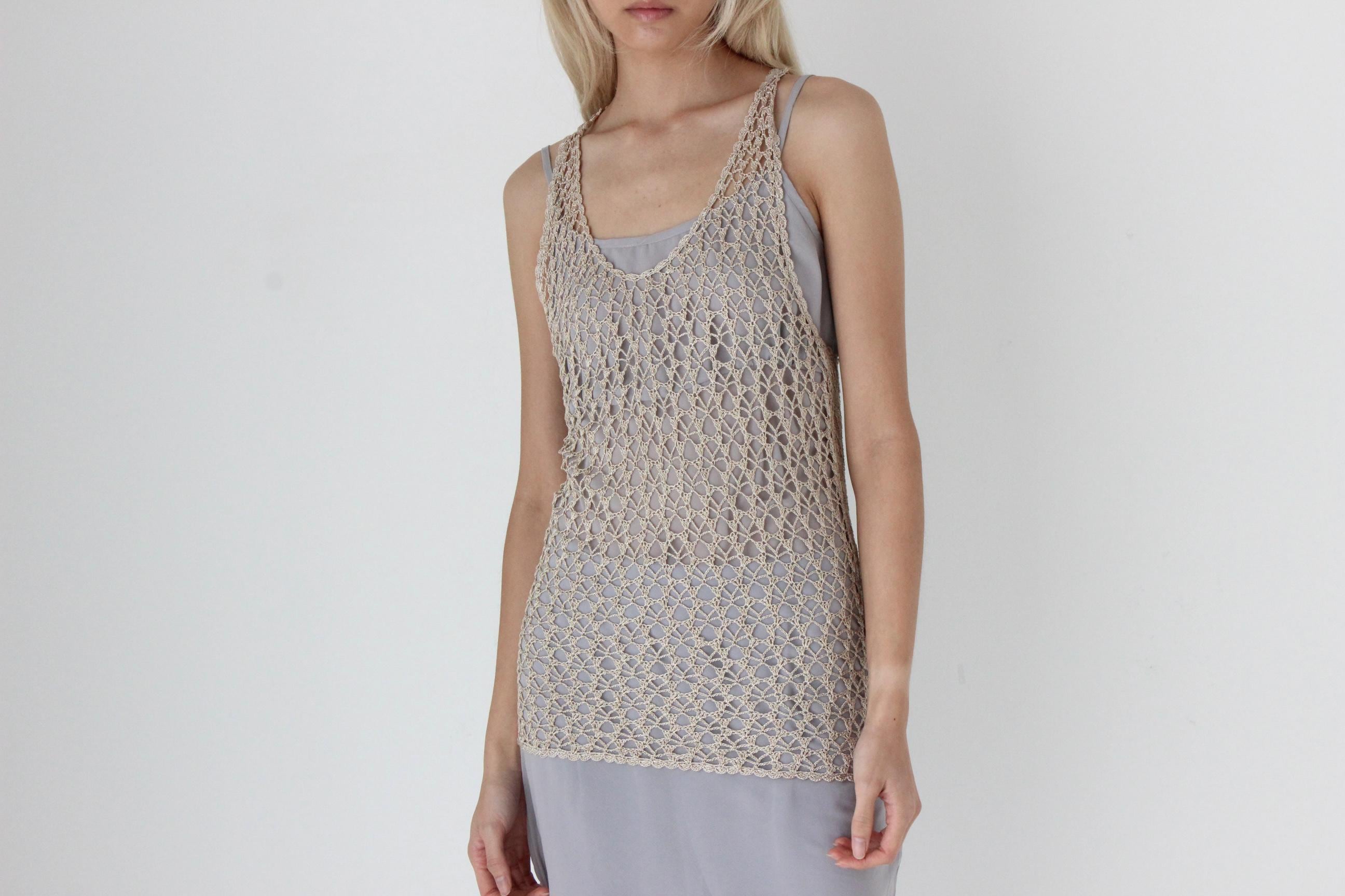 FUTURISM 2000s Neutral Knit Open Sheer Crochet Tank