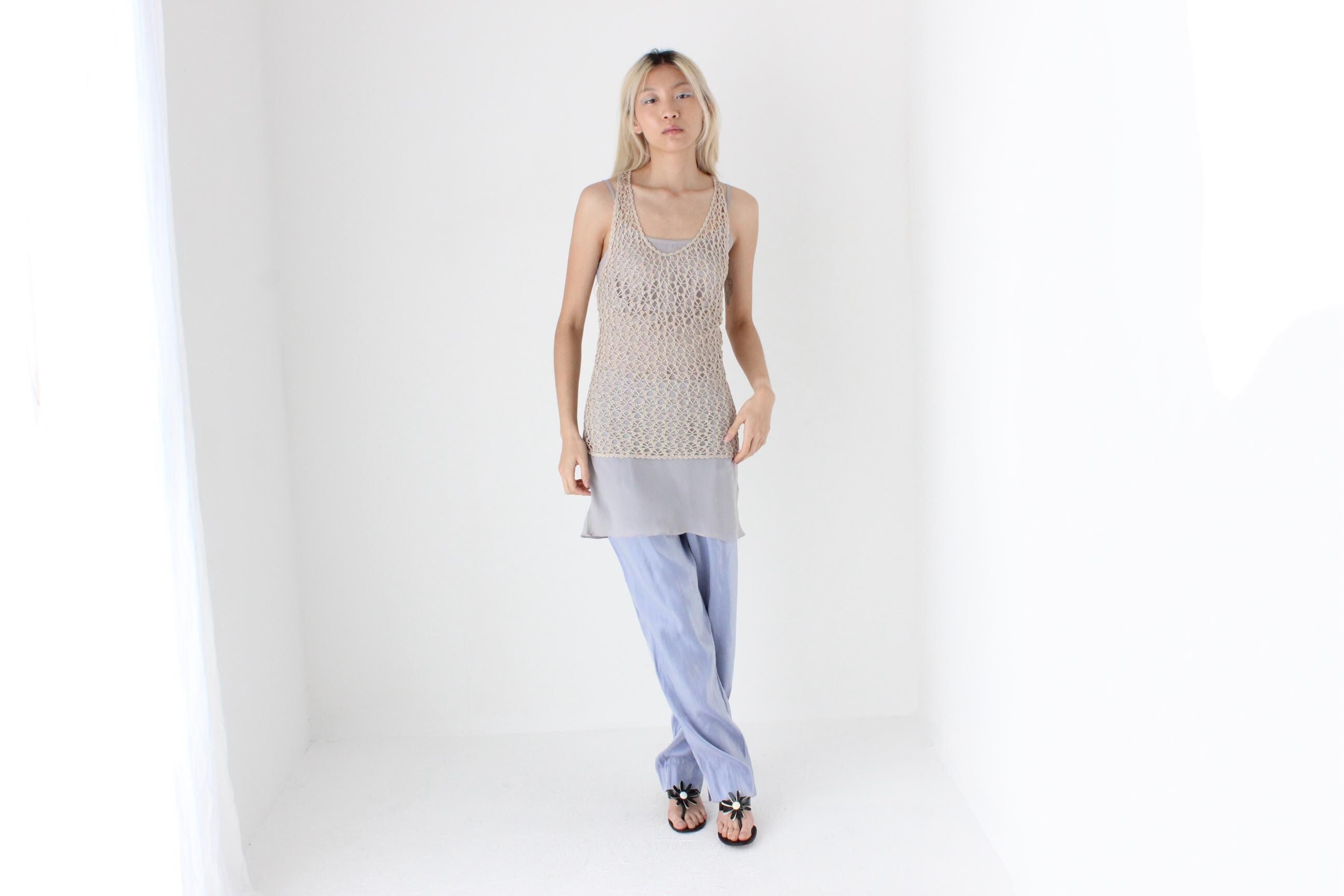 FUTURISM 2000s Neutral Knit Open Sheer Crochet Tank