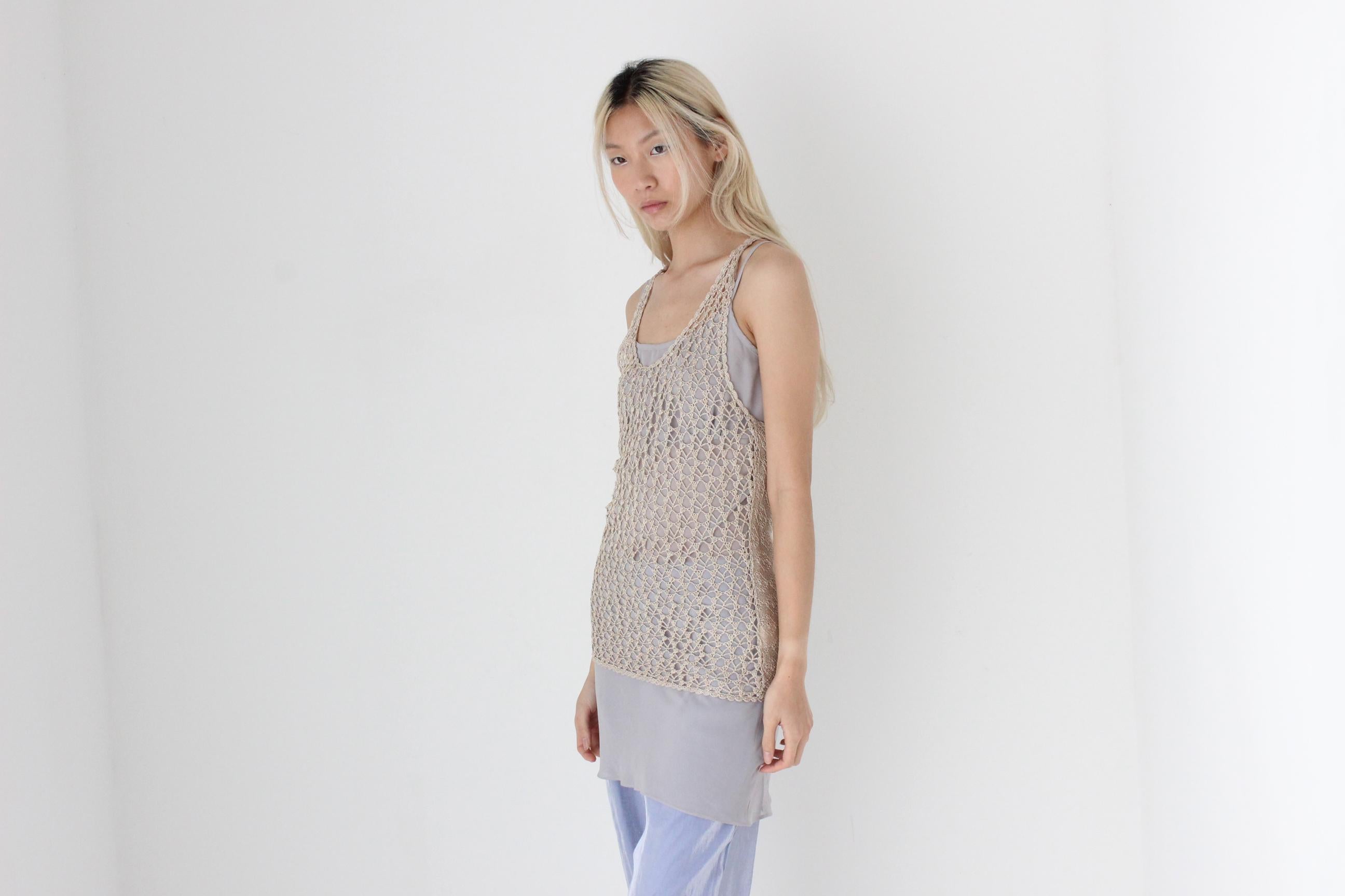 FUTURISM 2000s Neutral Knit Open Sheer Crochet Tank