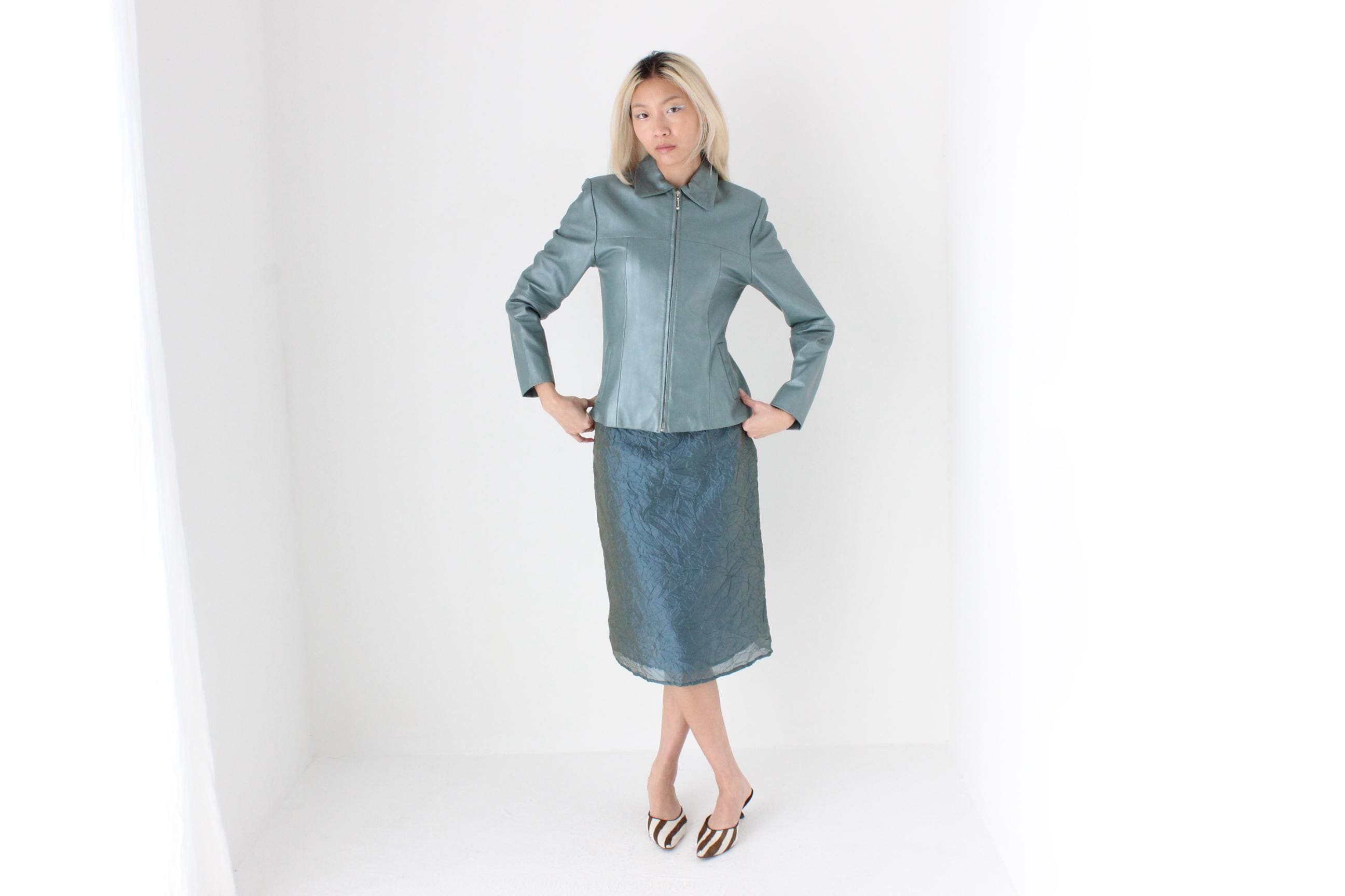 FUTURISM 90s Metallic Teal Genuine Leather Zip Front Jacket