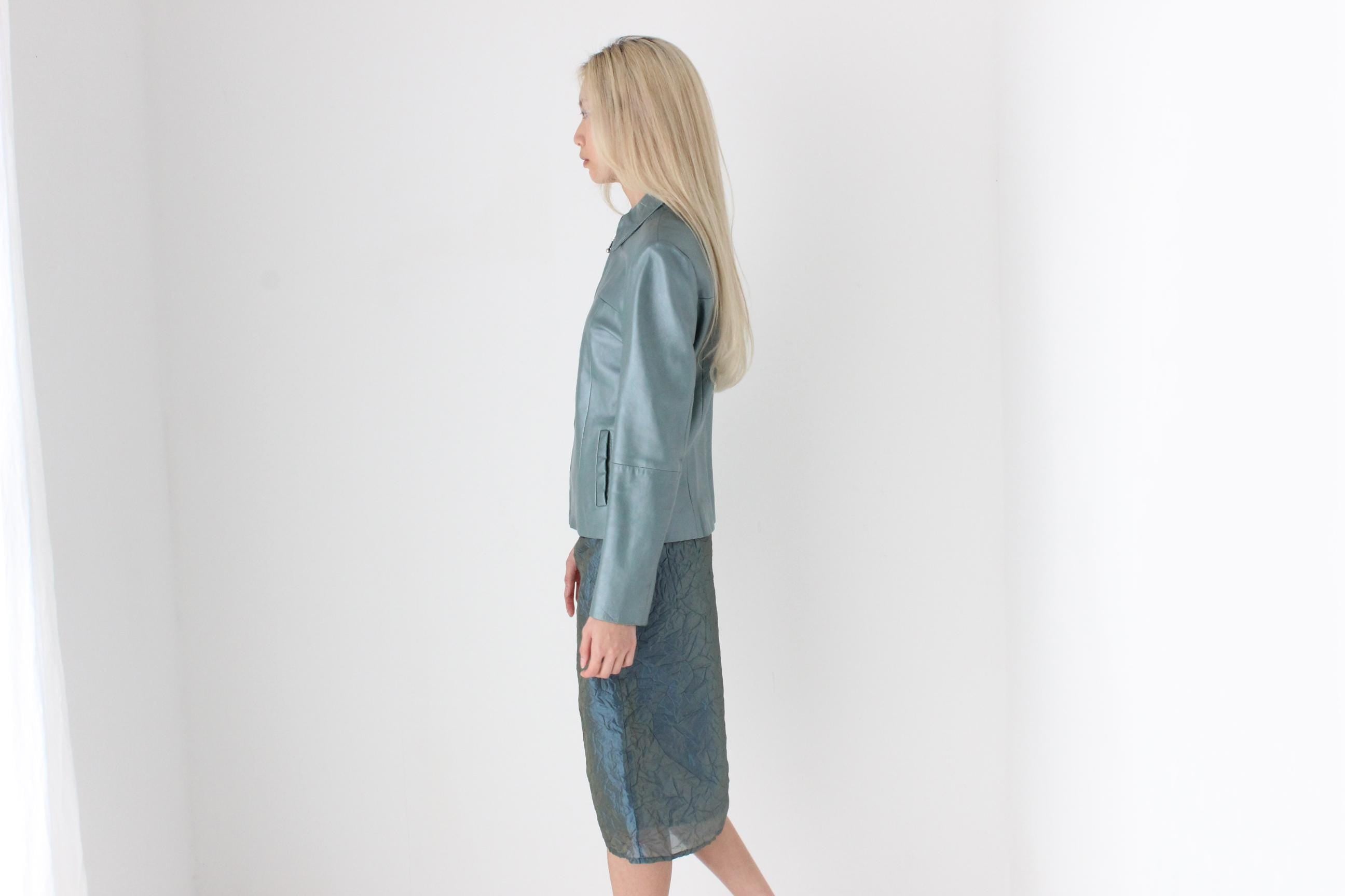 FUTURISM 90s Metallic Teal Genuine Leather Zip Front Jacket
