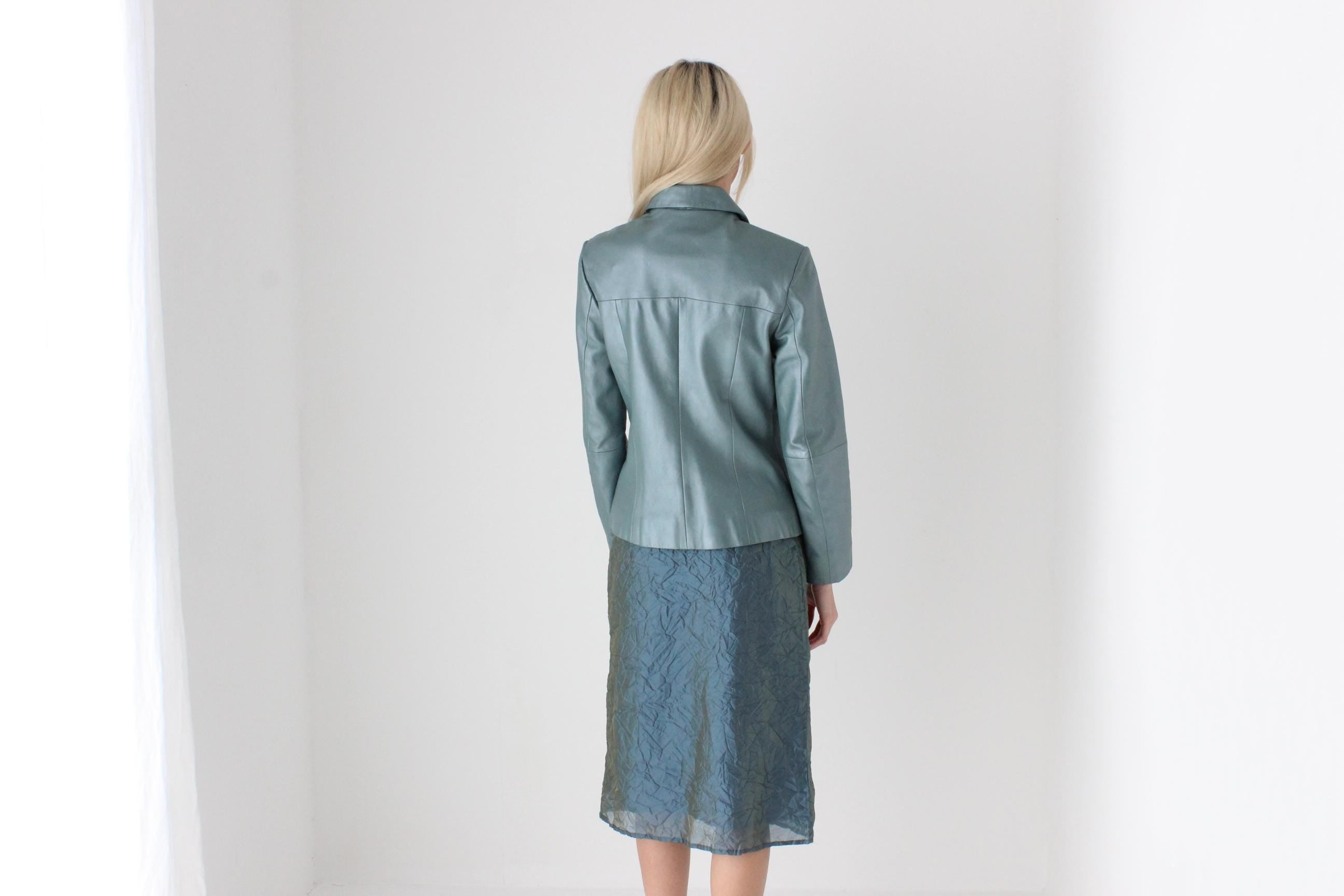 FUTURISM 90s Metallic Teal Genuine Leather Zip Front Jacket