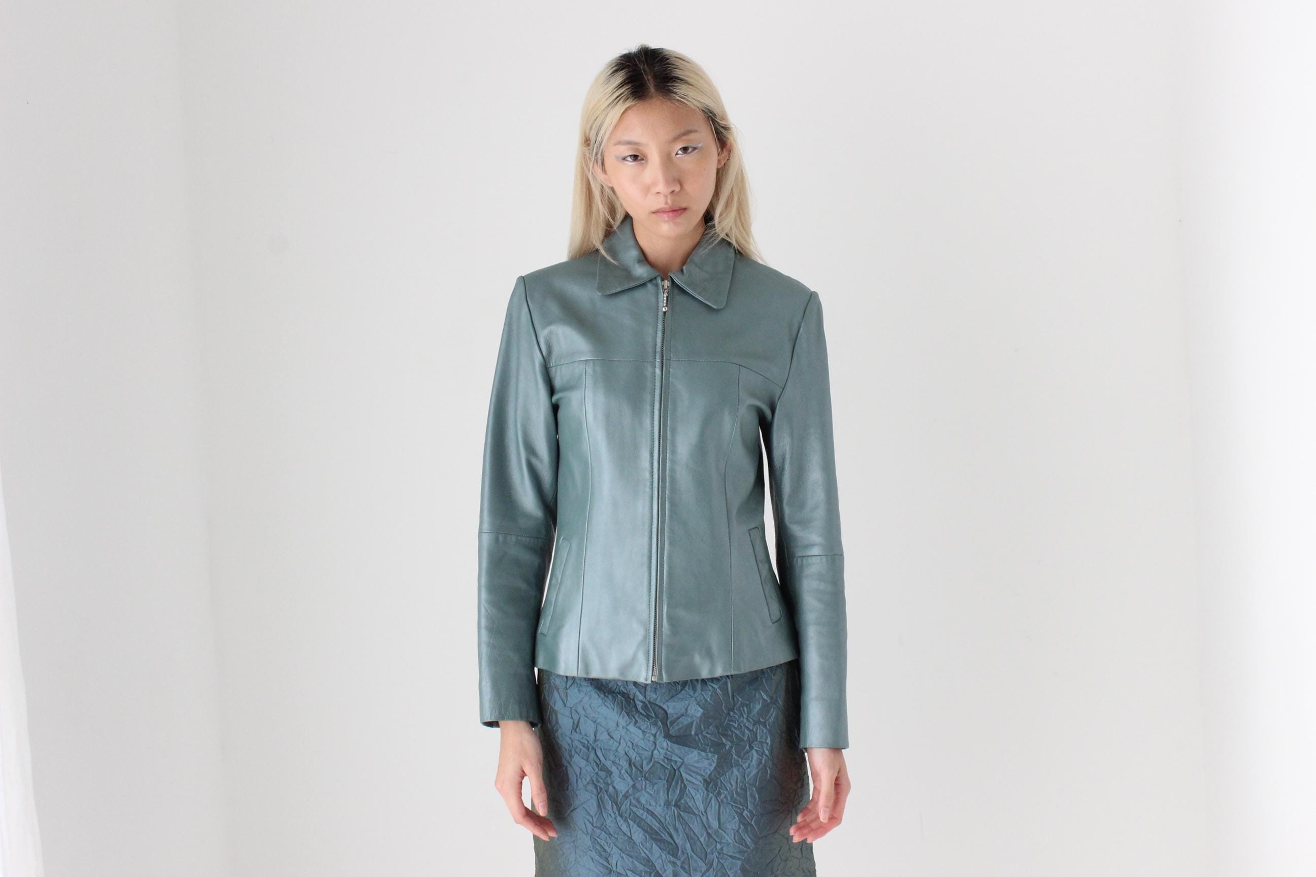 FUTURISM 90s Metallic Teal Genuine Leather Zip Front Jacket