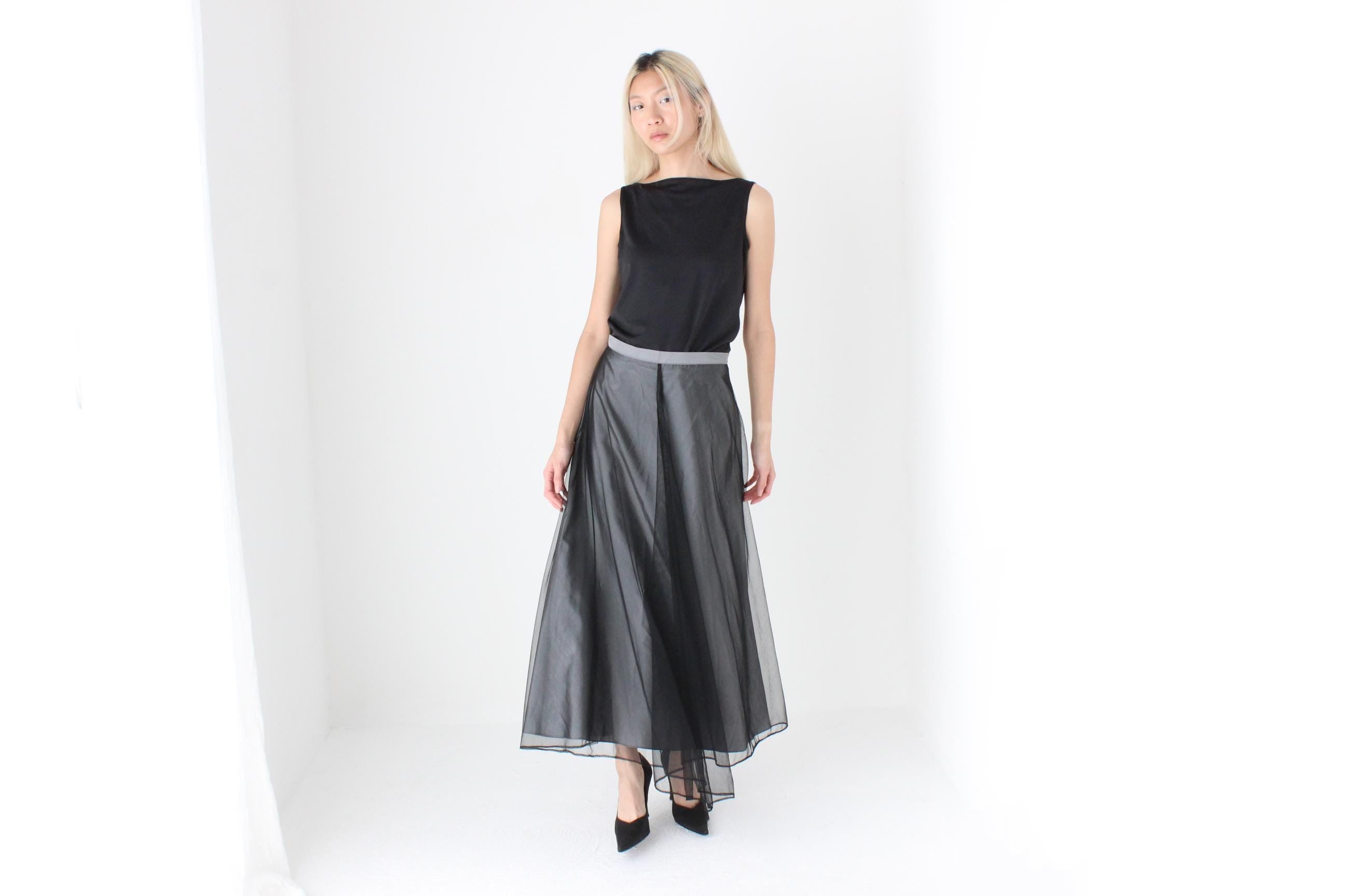 FUTURISM 90s Silver Taffeta & Black Tulle Maxi Skirt
