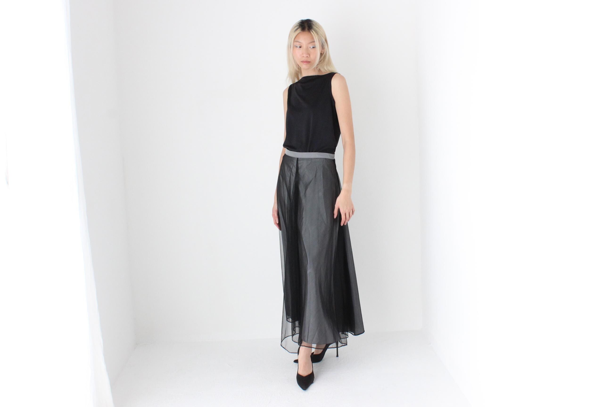FUTURISM 90s Silver Taffeta & Black Tulle Maxi Skirt