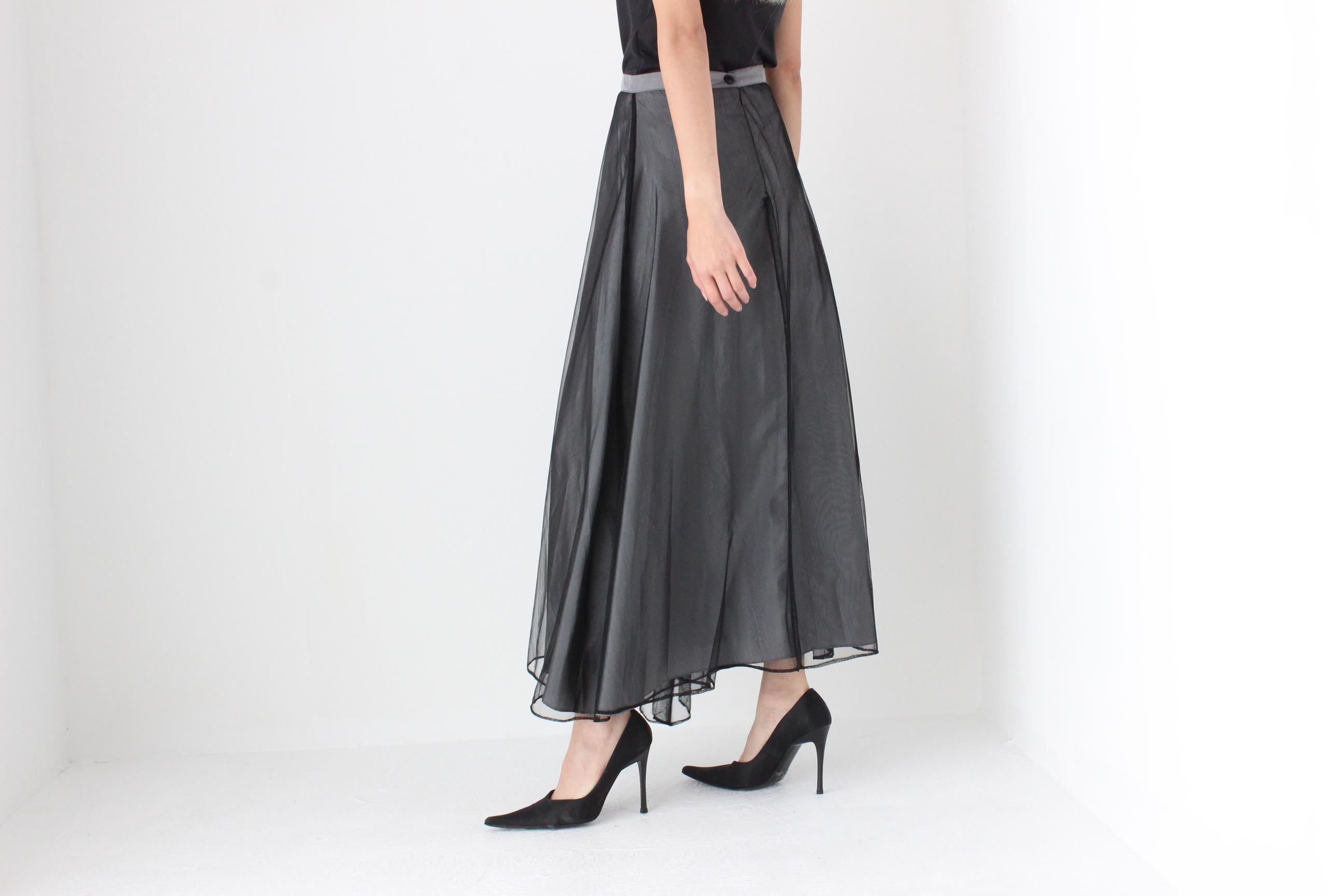 FUTURISM 90s Silver Taffeta & Black Tulle Maxi Skirt