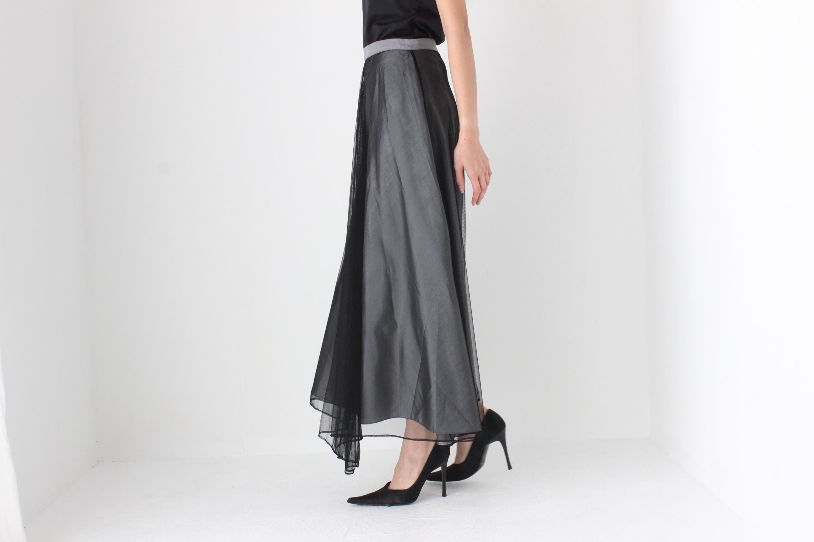 FUTURISM 90s Silver Taffeta & Black Tulle Maxi Skirt