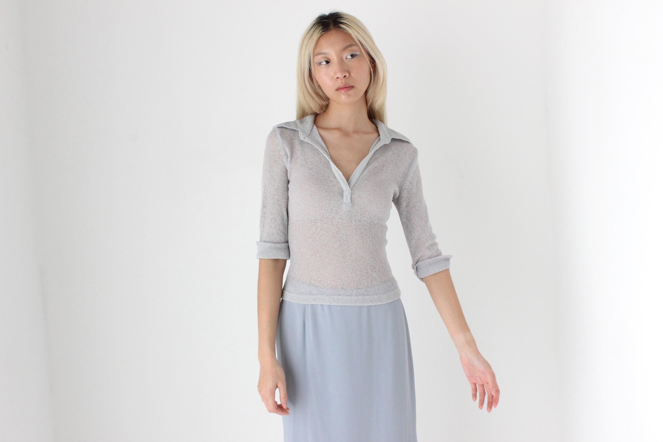 FUTURISM Y2K Sheer Knit Collared Top