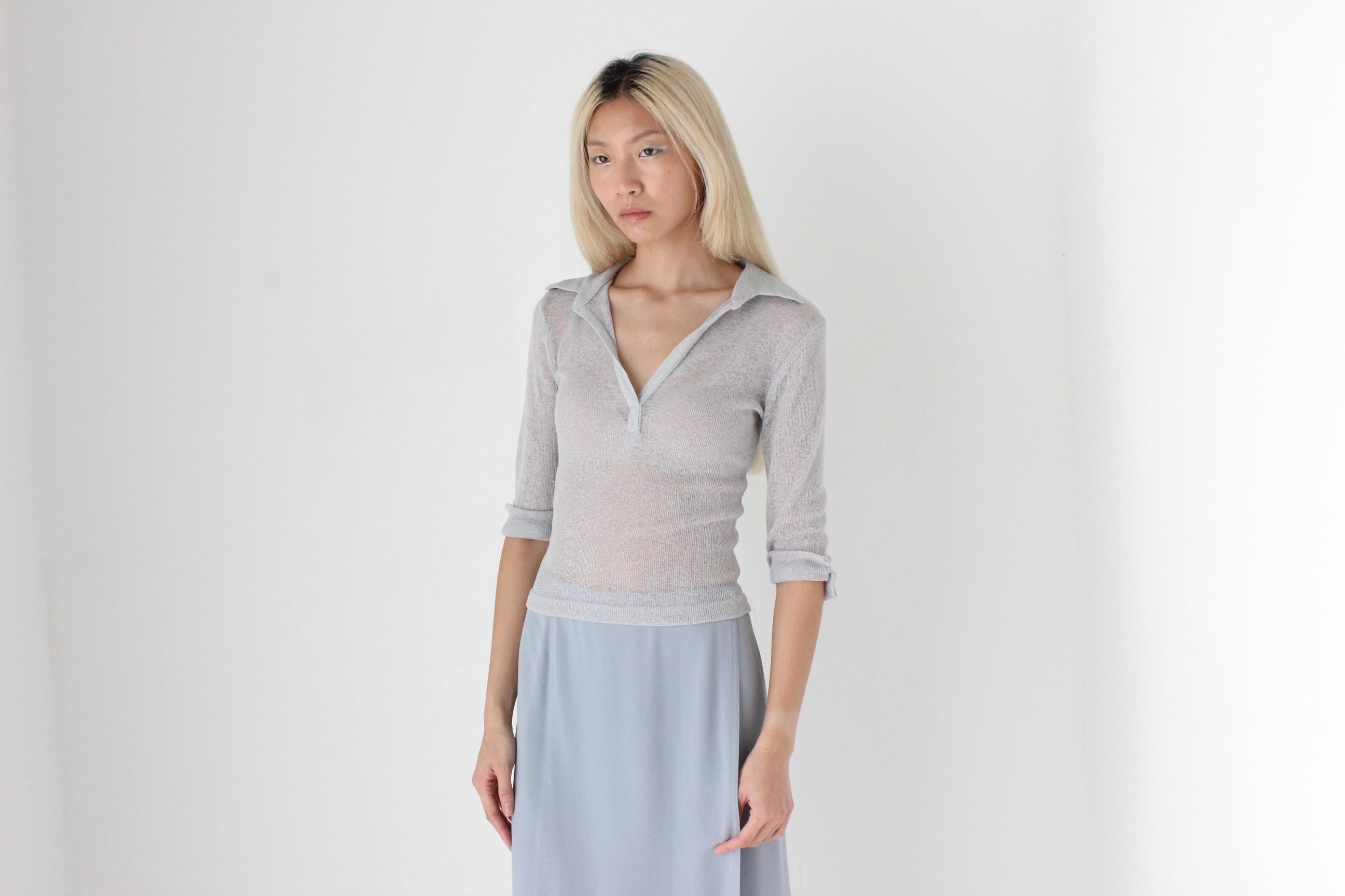 FUTURISM Y2K Sheer Knit Collared Top