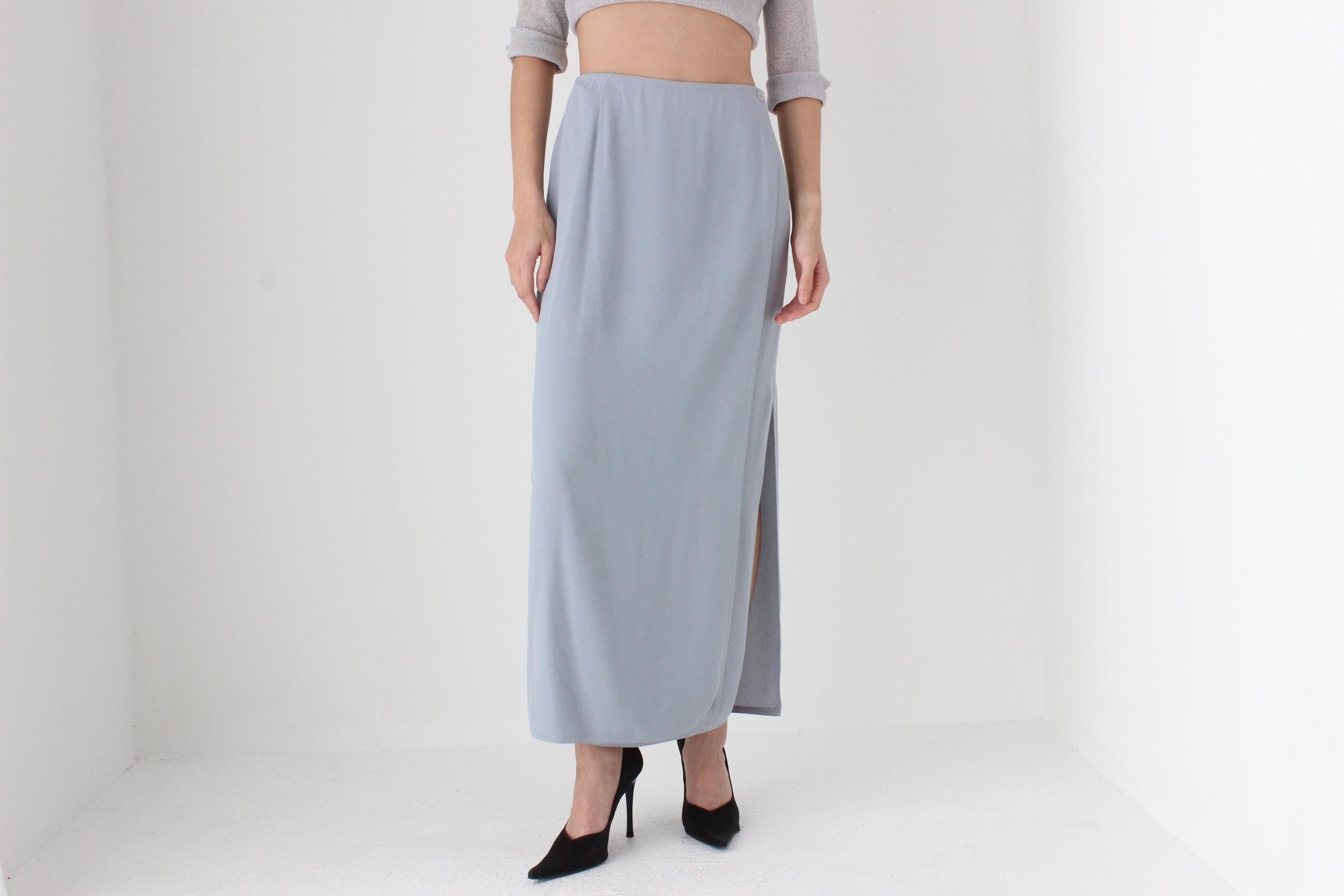 FUTURISM 90s Blue Grey Crepe Column Skirt