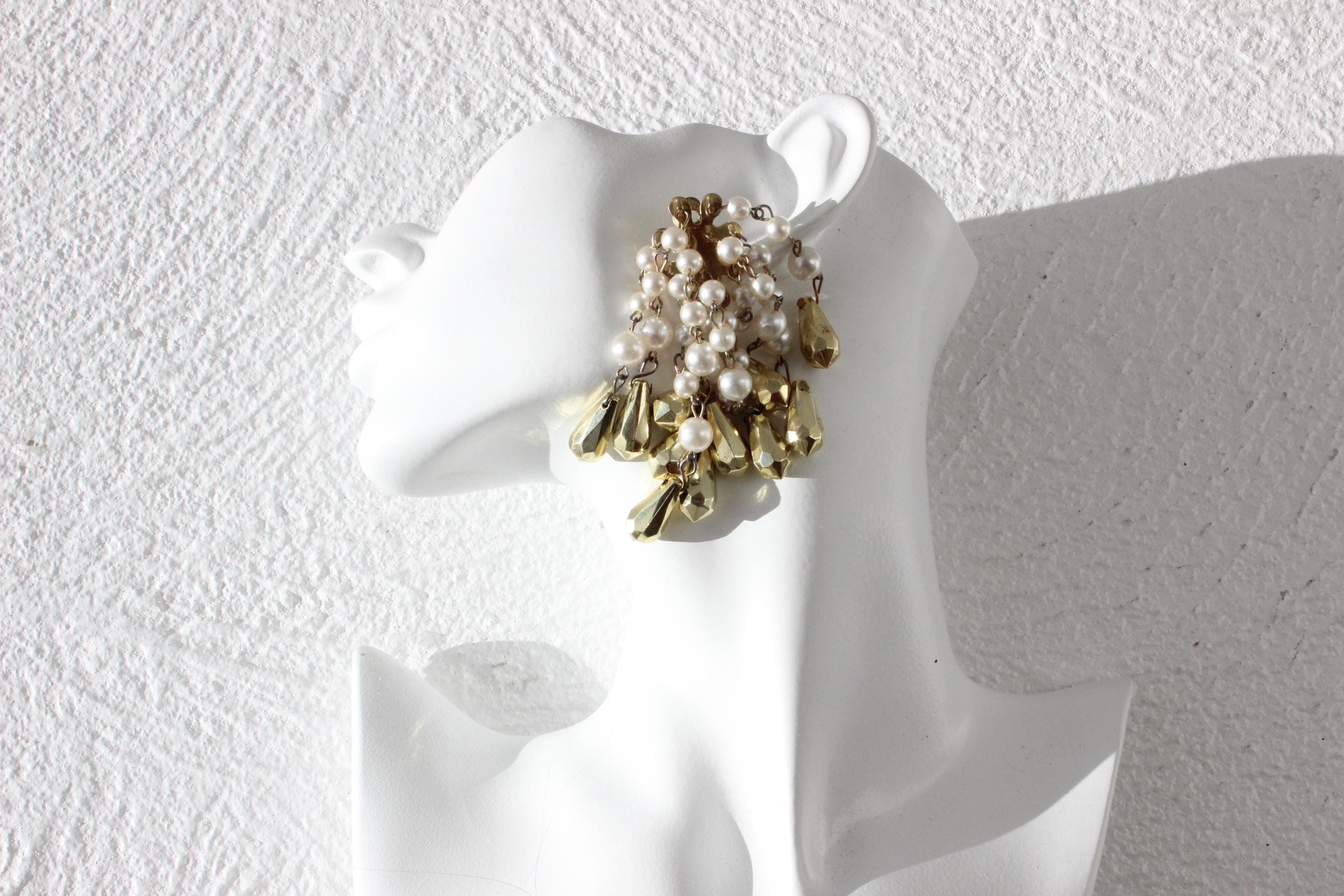 80s Glam Pearl & Gold Bead Chandelier Cocktail Earrings