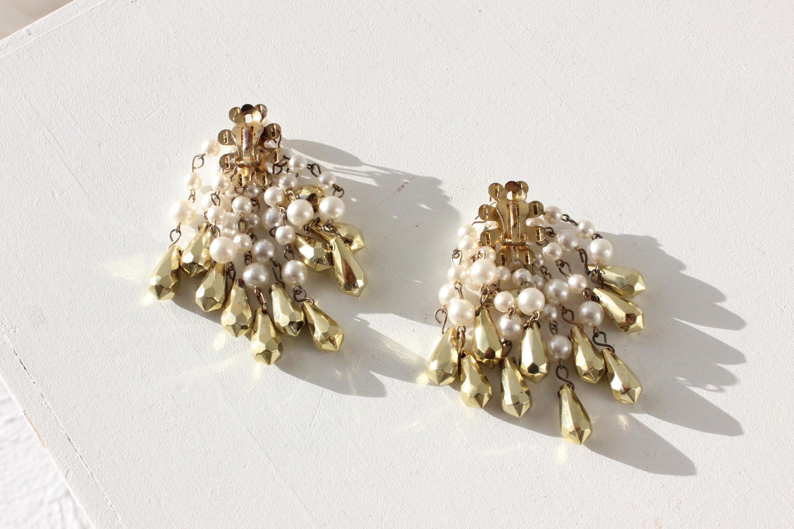 80s Glam Pearl & Gold Bead Chandelier Cocktail Earrings