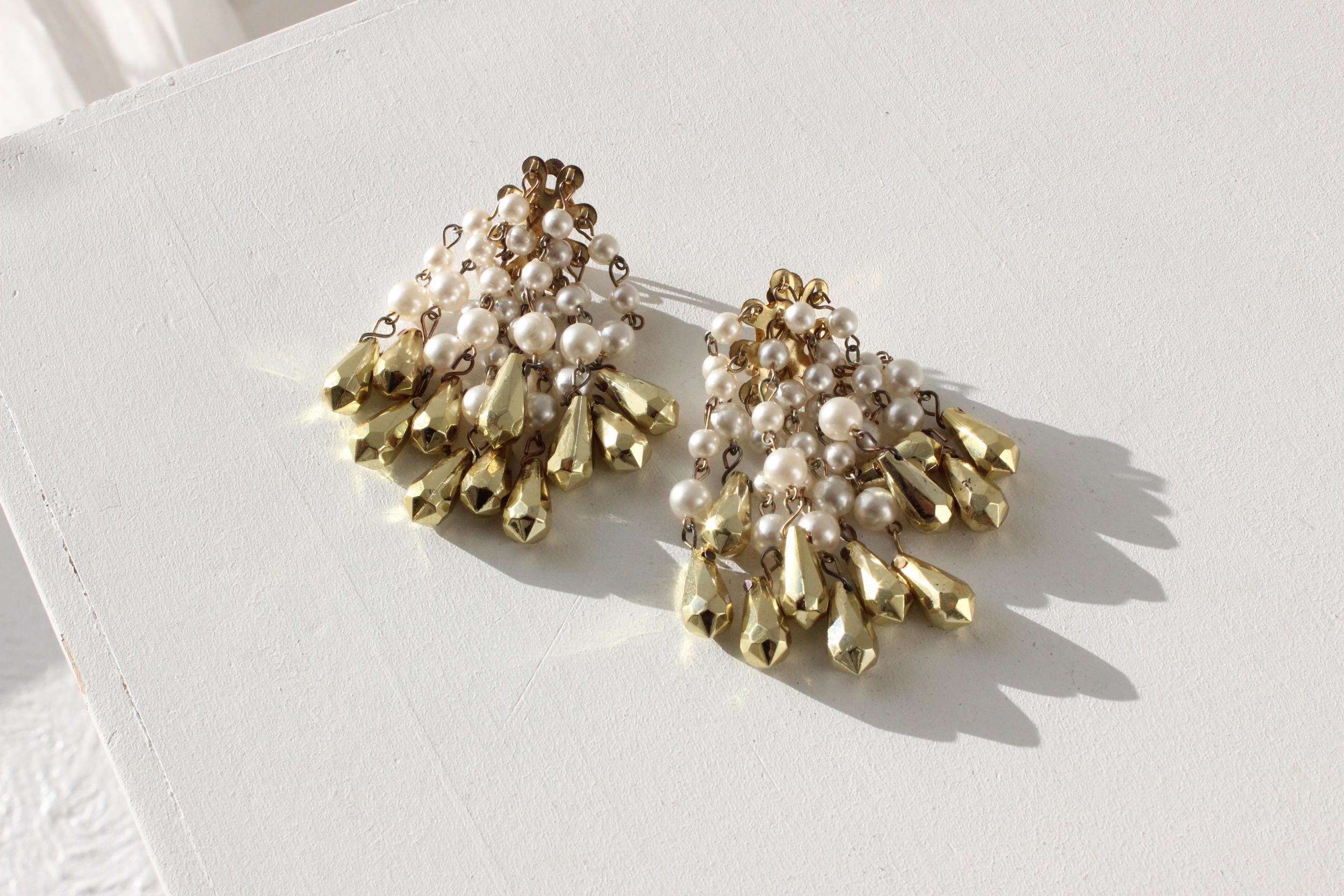 80s Glam Pearl & Gold Bead Chandelier Cocktail Earrings