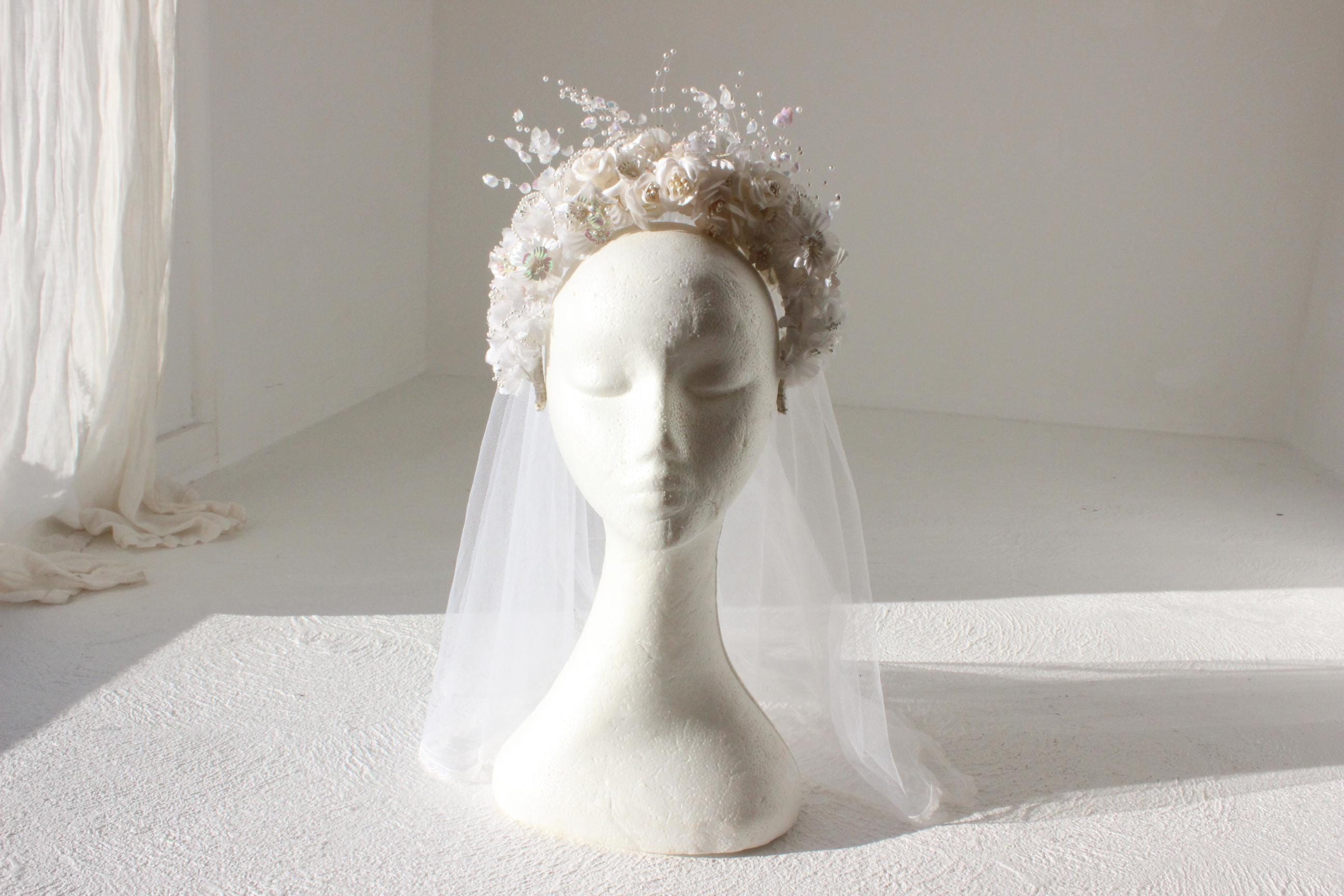 80s Bridal Crown w/ Trailing Tulle Veil