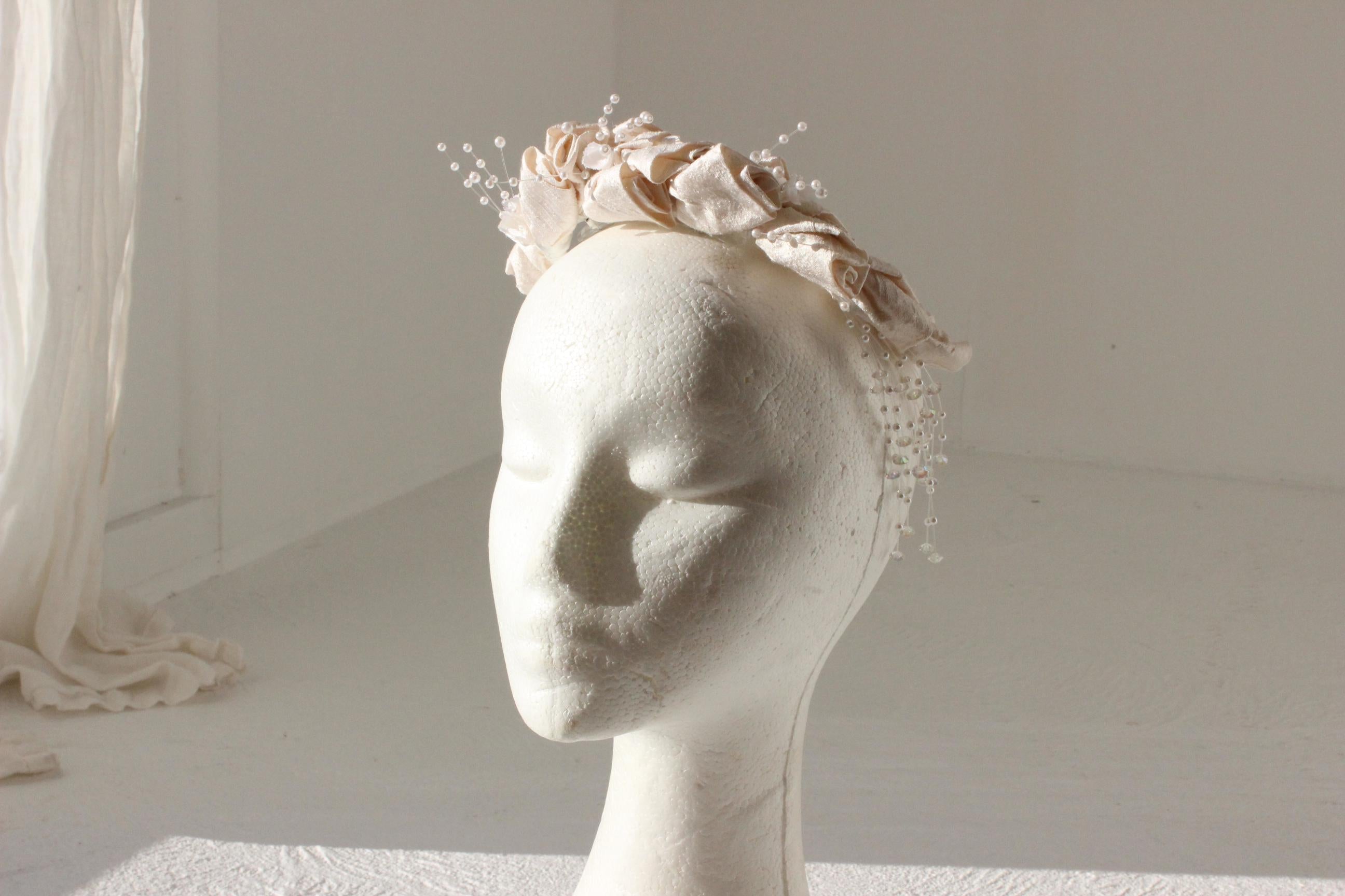 80s Raw Silk Rosette & Pearl Crown