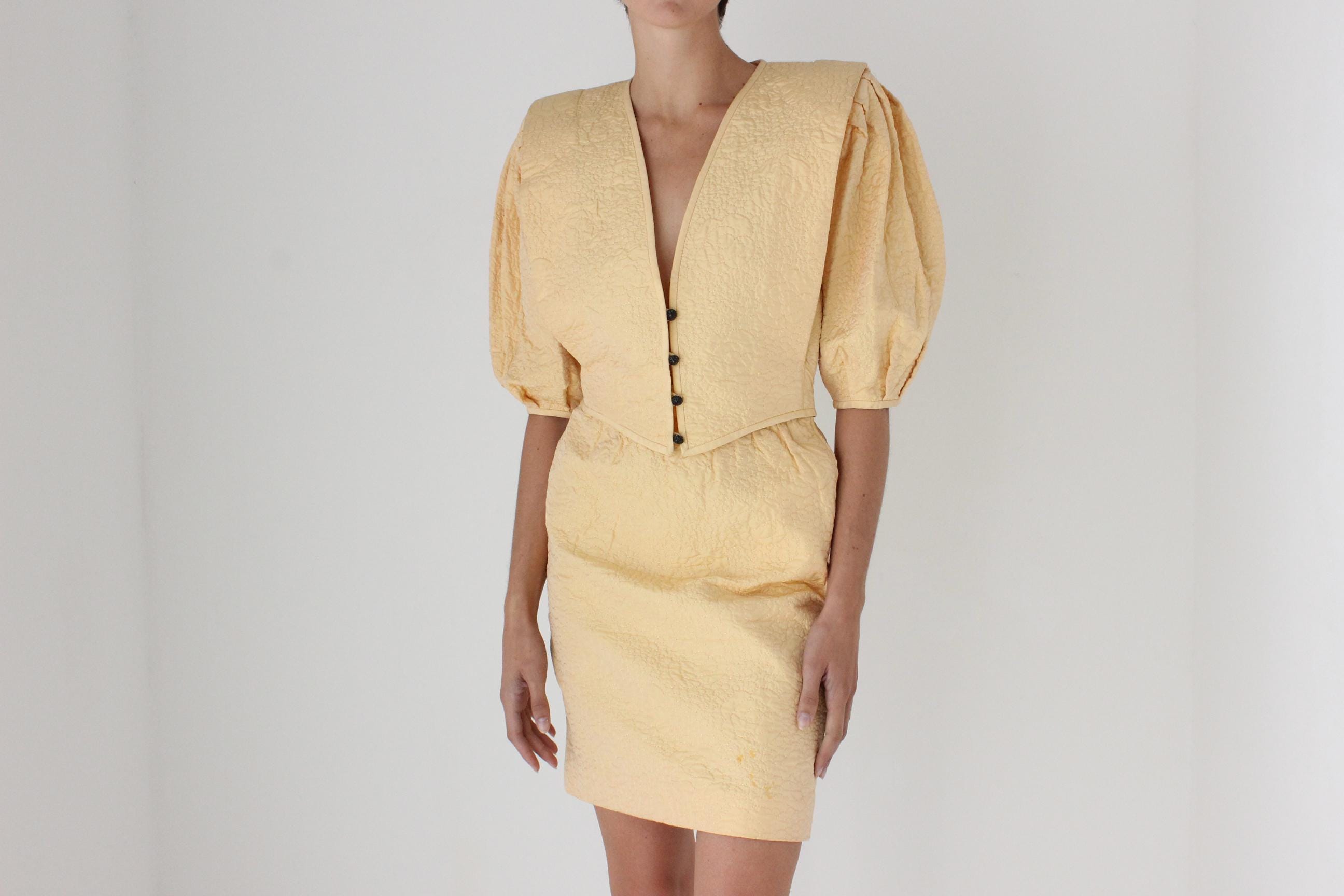 80s Emanuel Ungaro Quilted Silk Two Piece Skirt & Puff Top Set