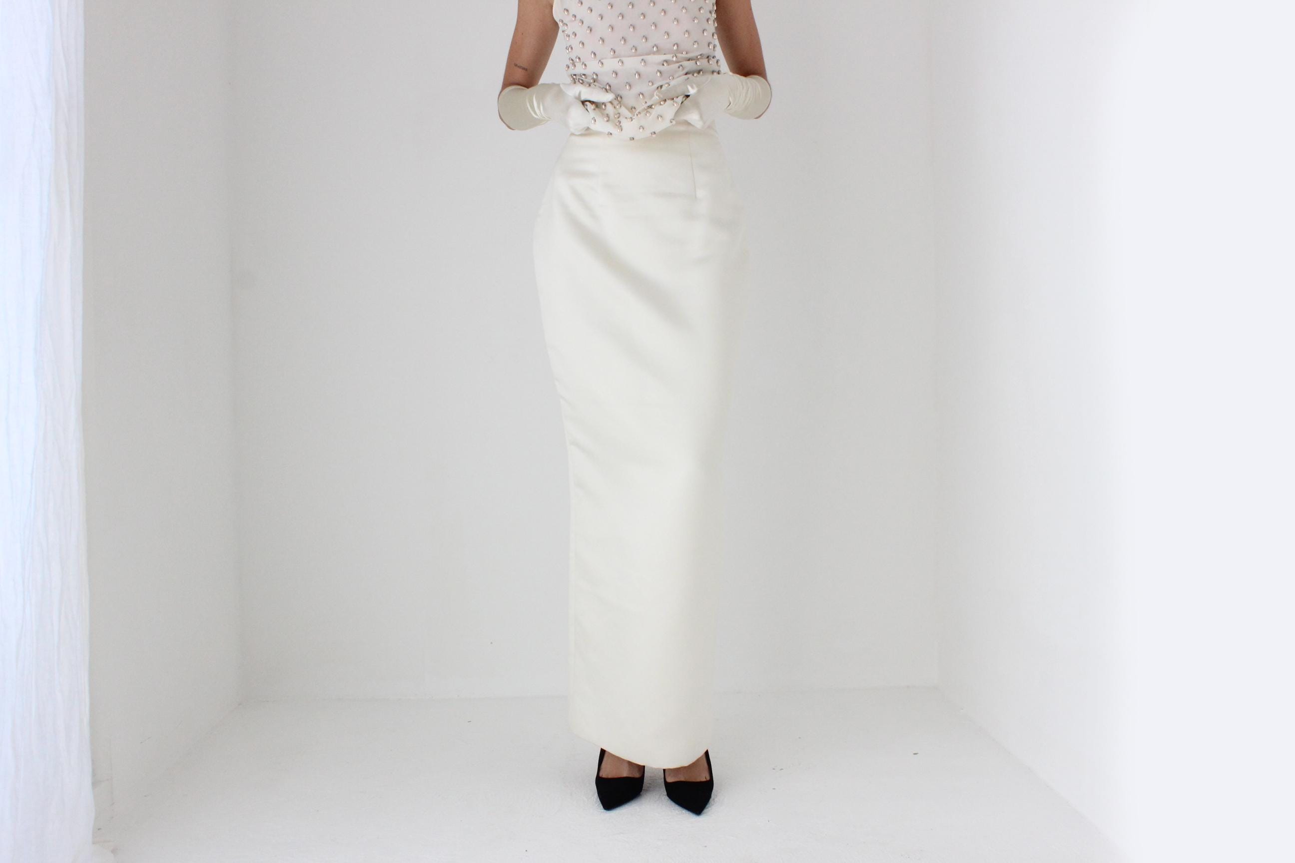 80s Duchess Satin High Waist Full Length Maxi Column Skirt