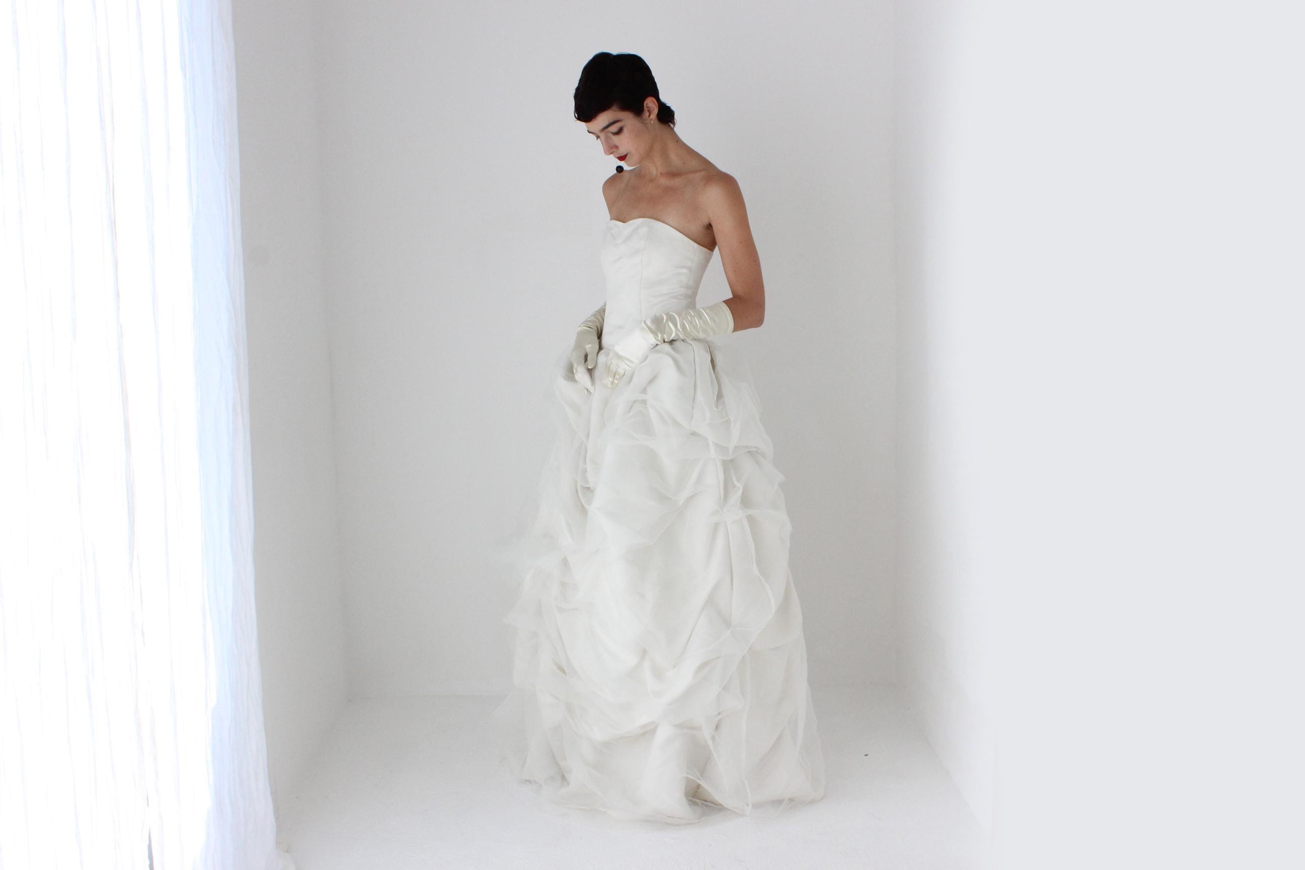90s Off White Strapless Gown w/ Textural Organza Skirt