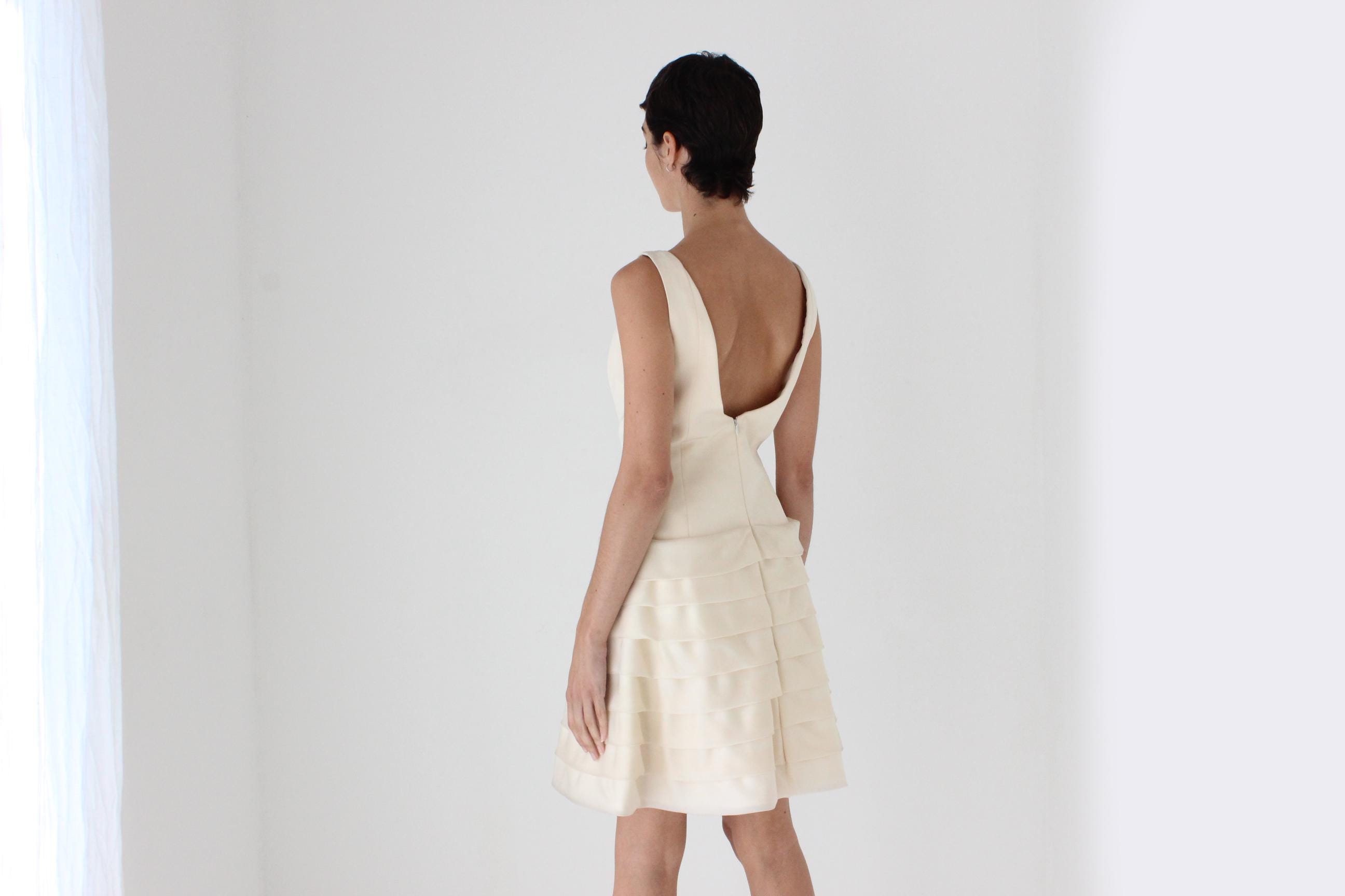 90s Elegant Silk High Neck Drop Waist A Line Dress w/ Tiered Organza Skirt