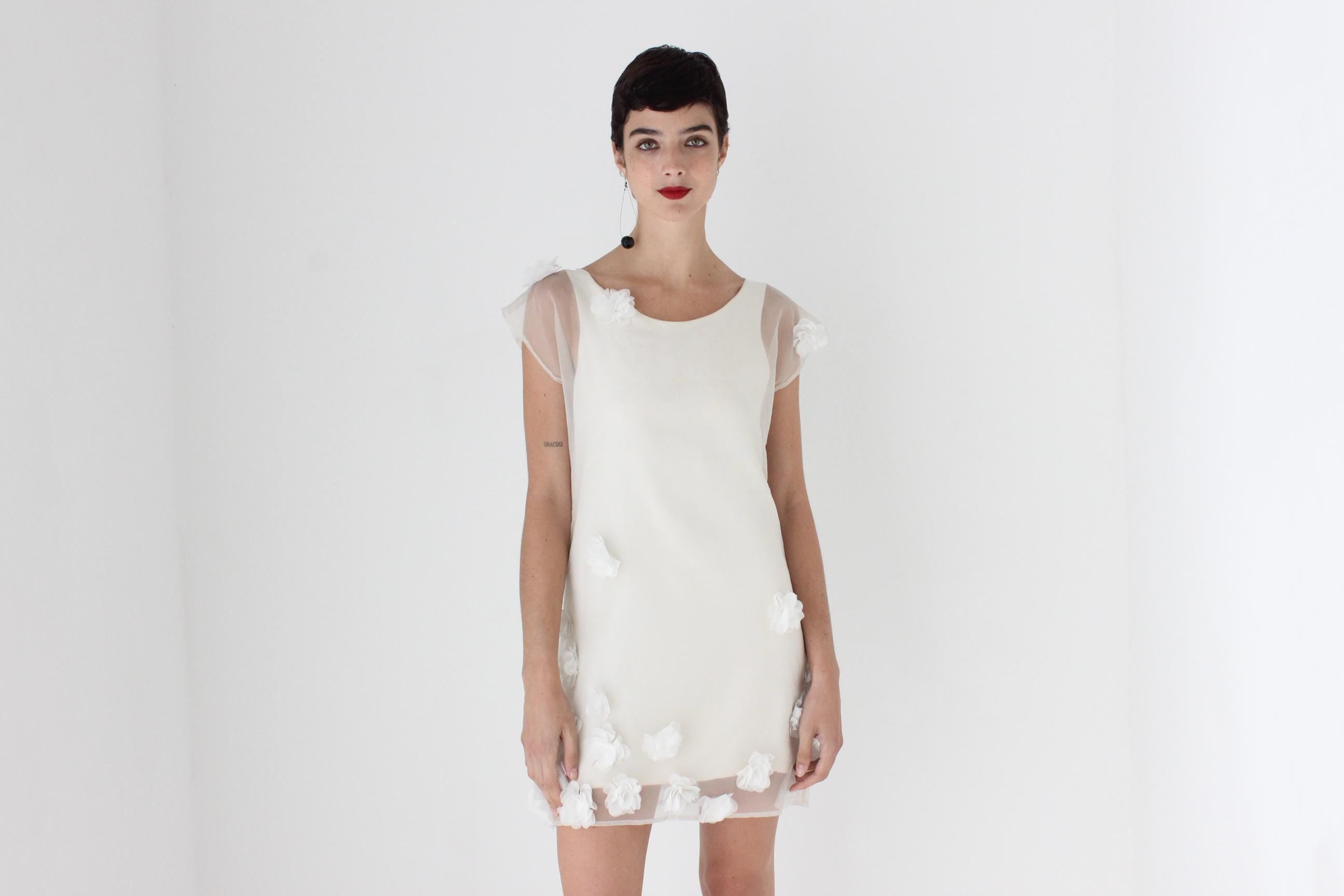 Custom Made 90s Silk Organza Mini Dress w/ Handmade Flowers