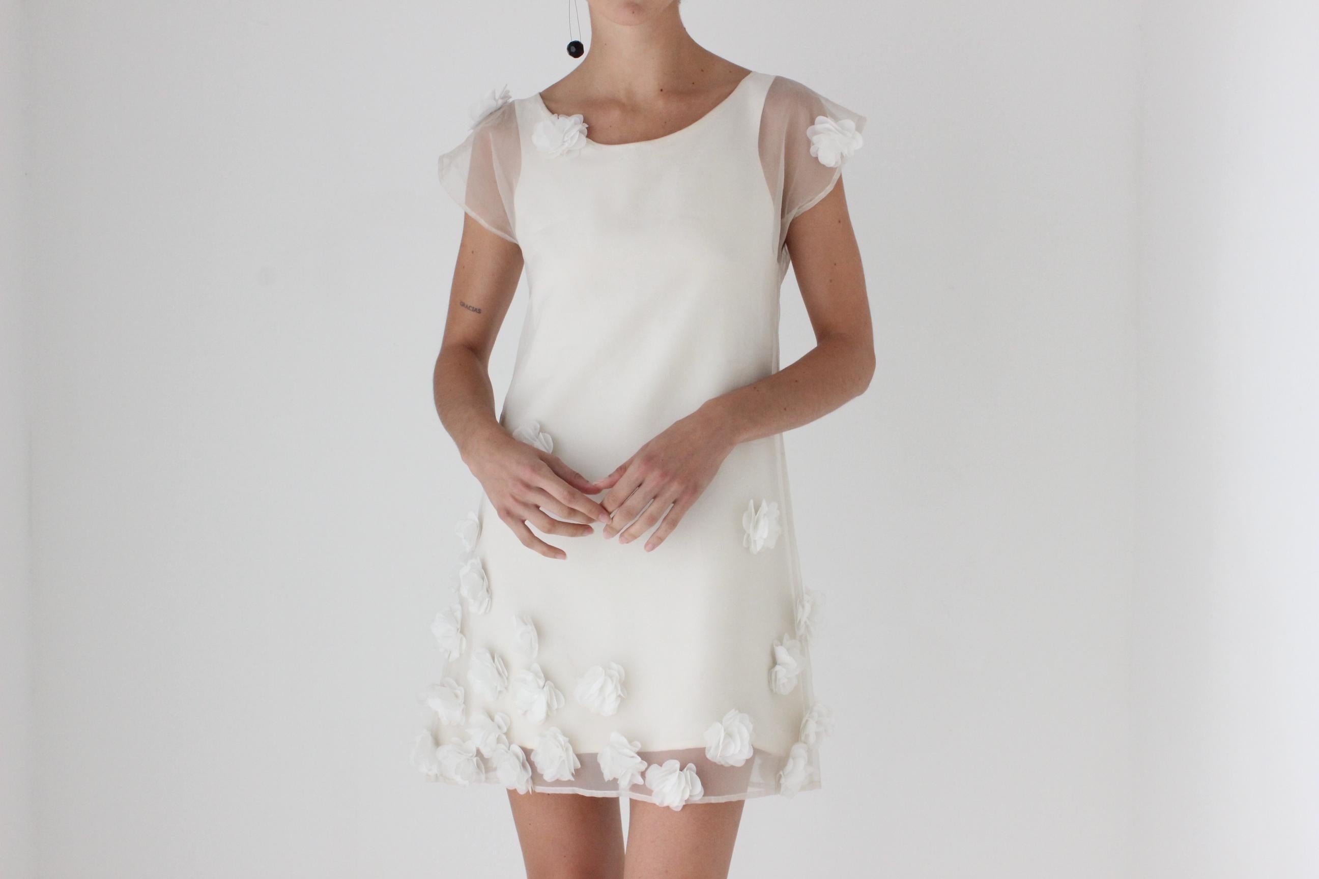 Custom Made 90s Silk Organza Mini Dress w/ Handmade Flowers