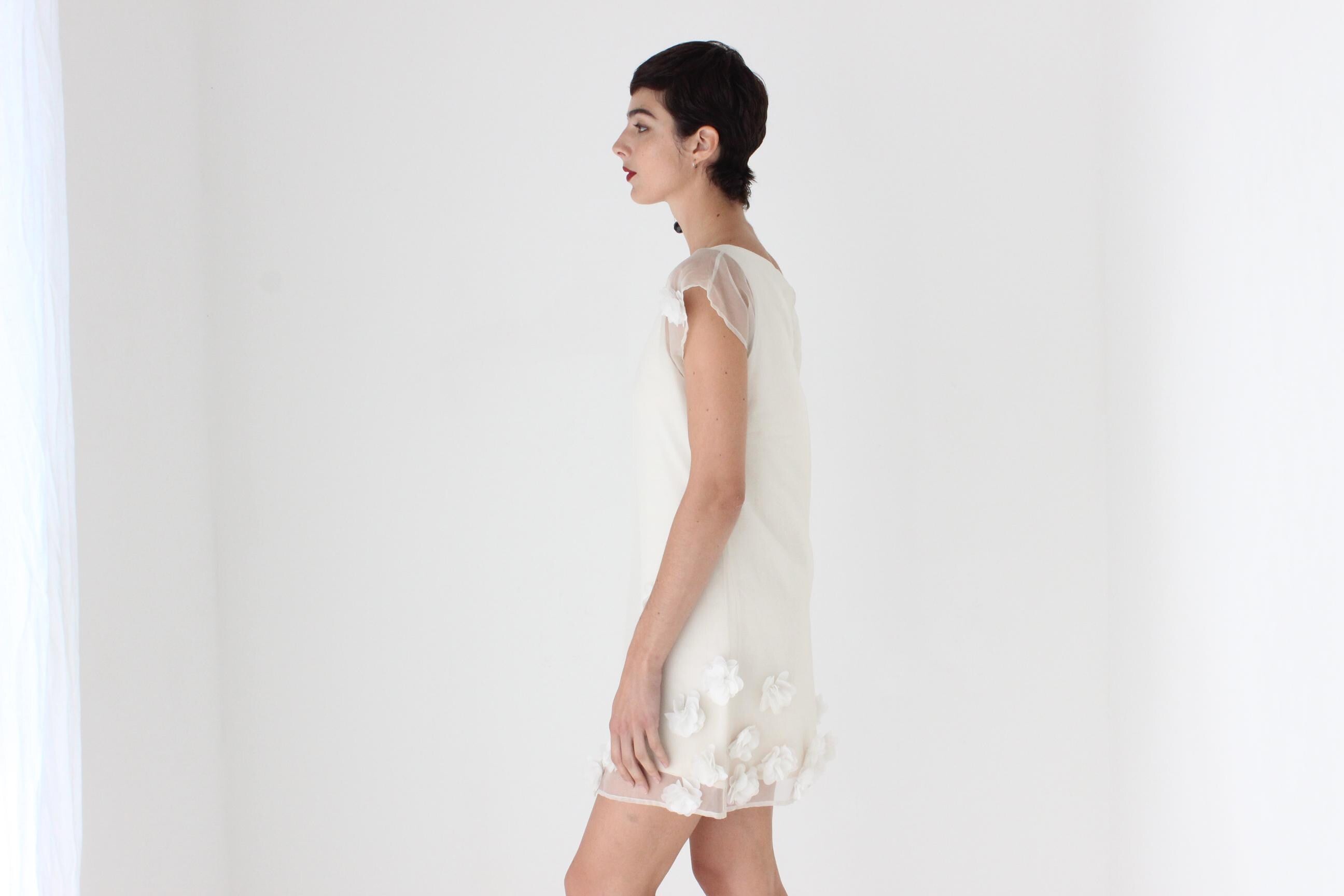Custom Made 90s Silk Organza Mini Dress w/ Handmade Flowers