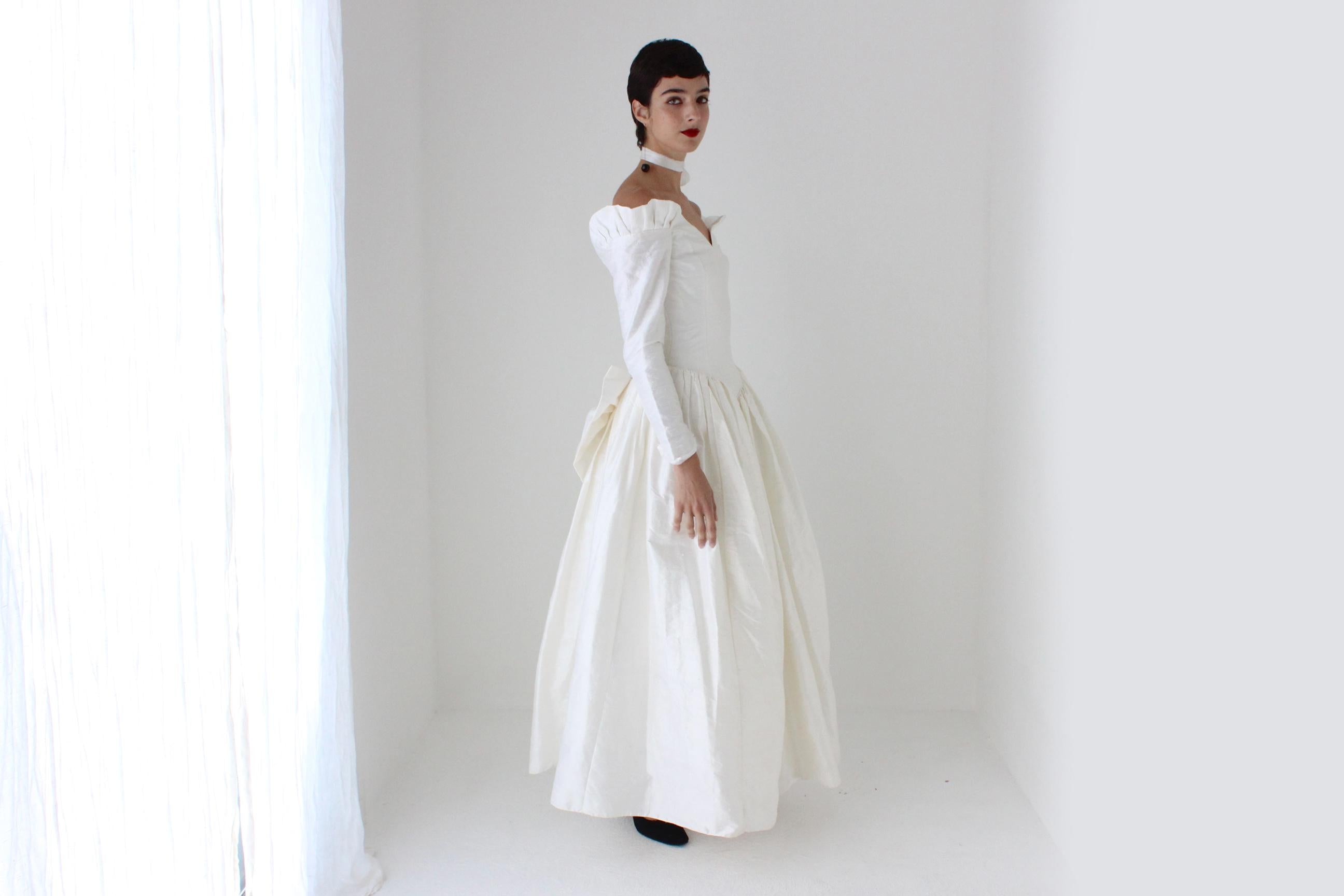 80s Silk Dupion Basque Waist, Off Shoulder, Long Sleeve Wedding Gown