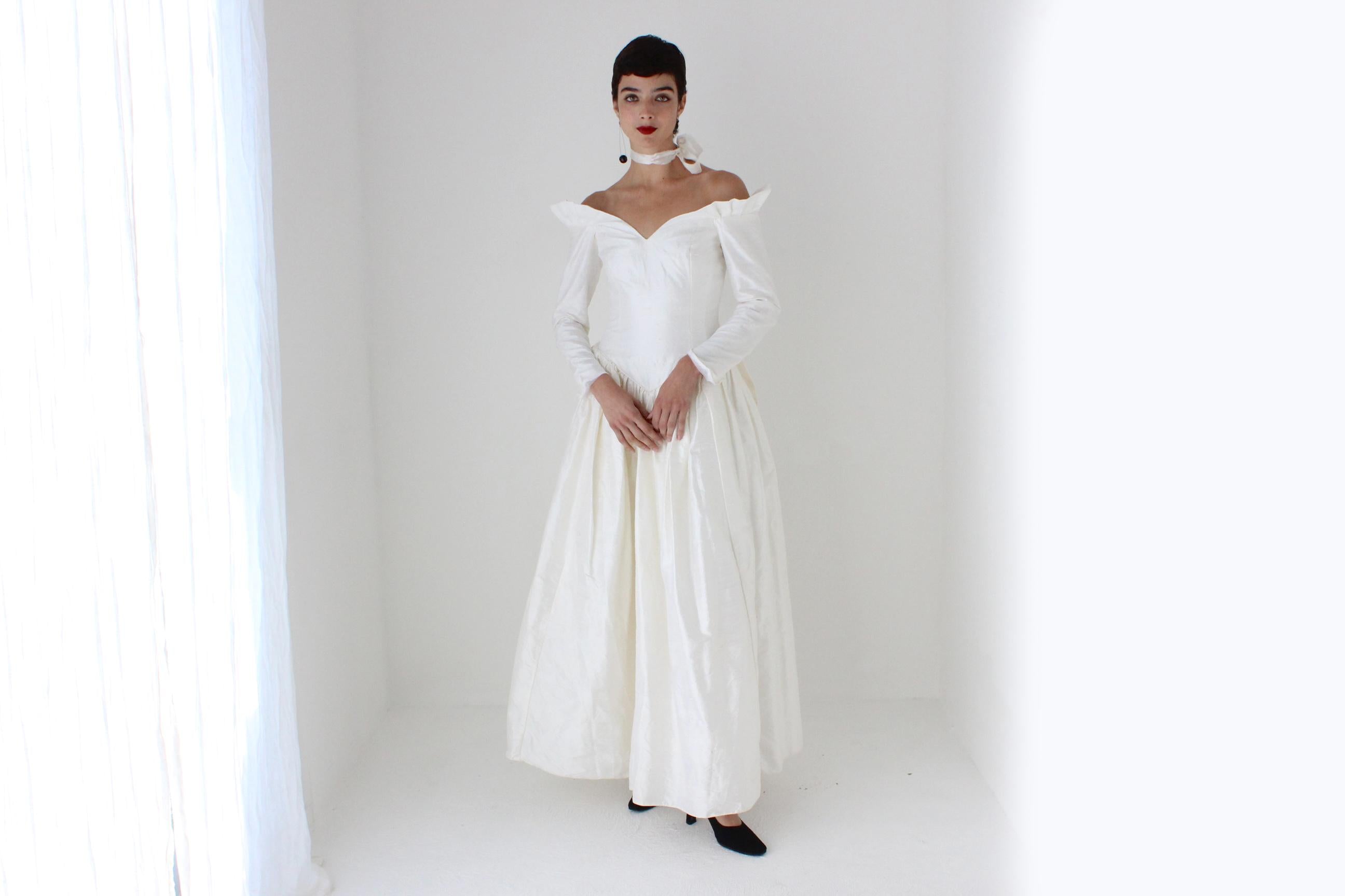 80s Silk Dupion Basque Waist, Off Shoulder, Long Sleeve Wedding Gown