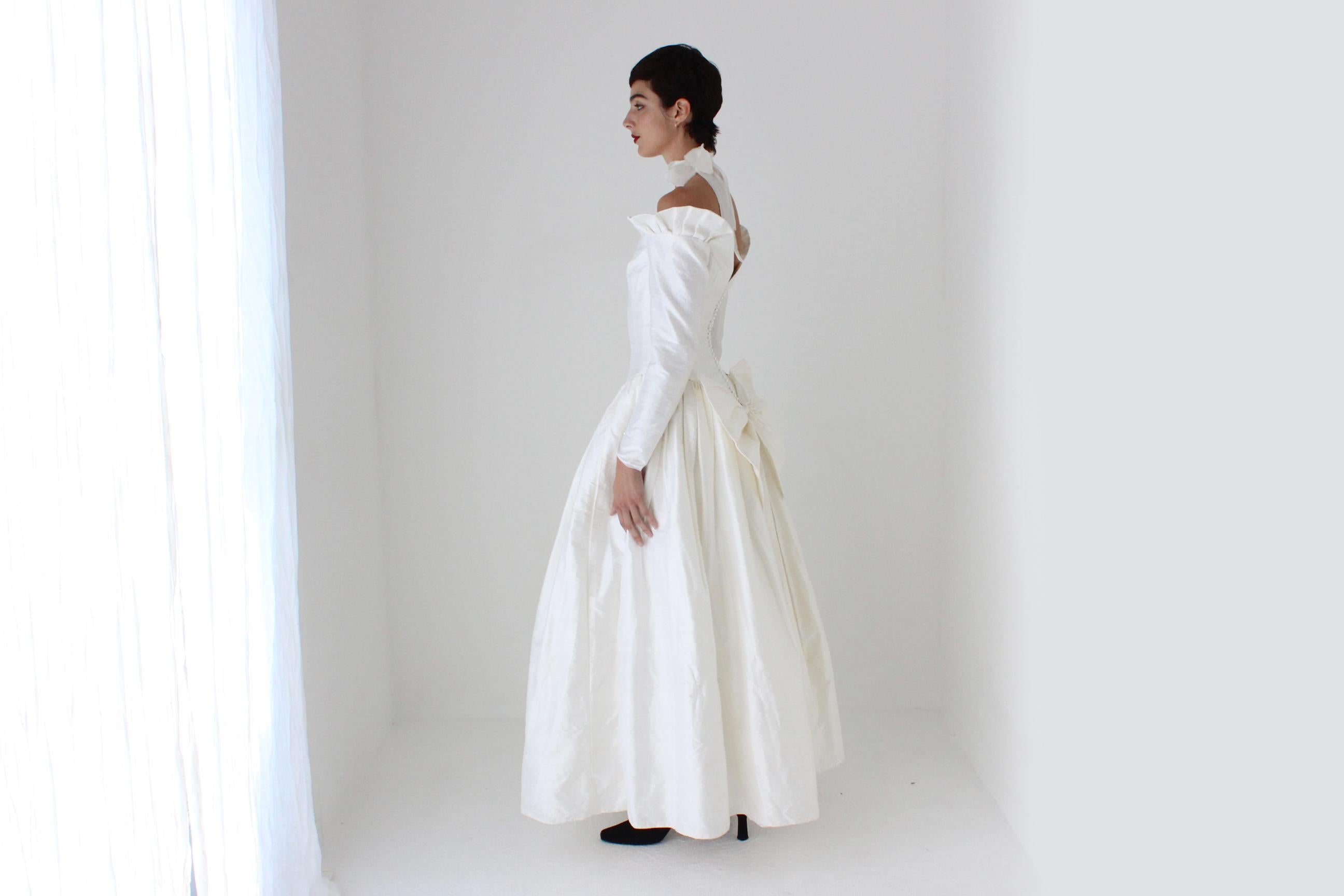 80s Silk Dupion Basque Waist, Off Shoulder, Long Sleeve Wedding Gown