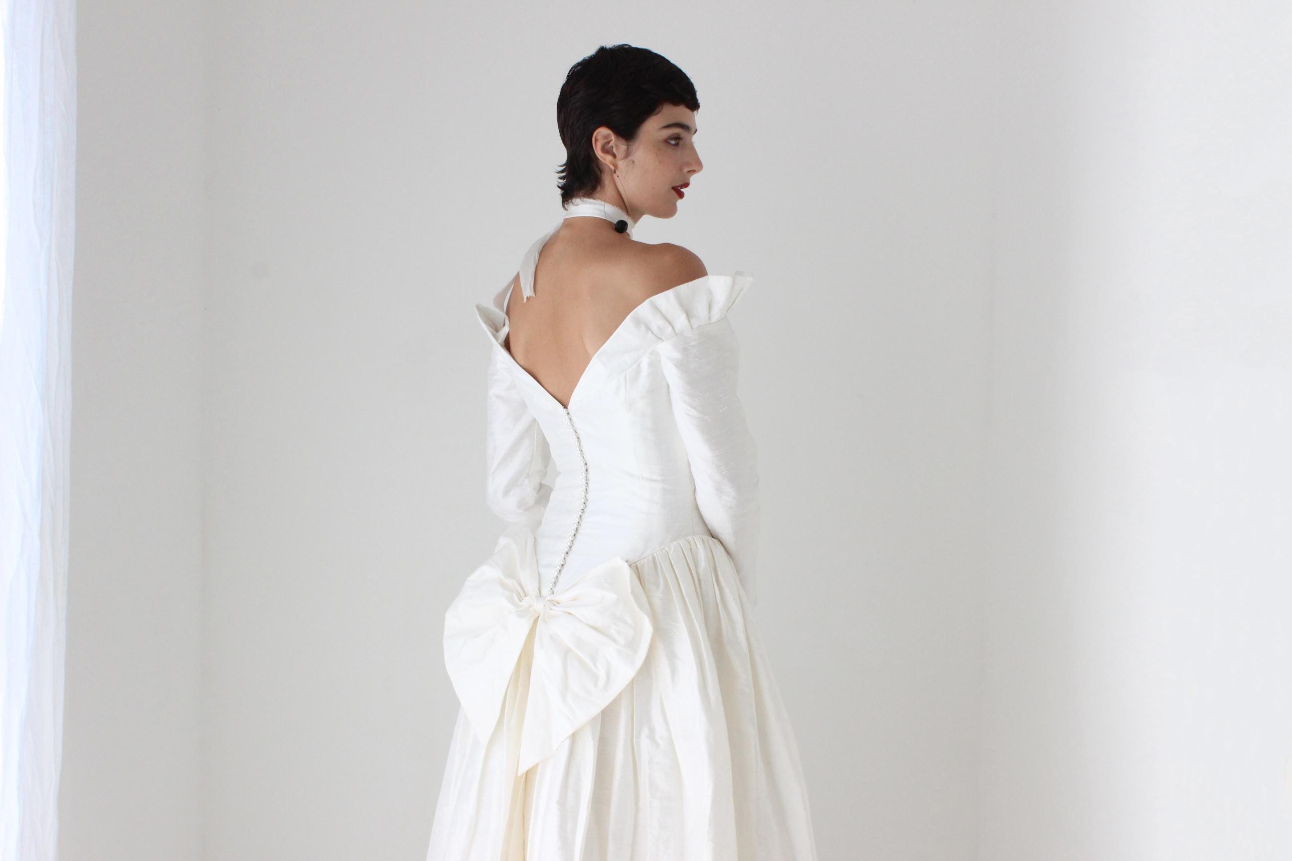 80s Silk Dupion Basque Waist, Off Shoulder, Long Sleeve Wedding Gown