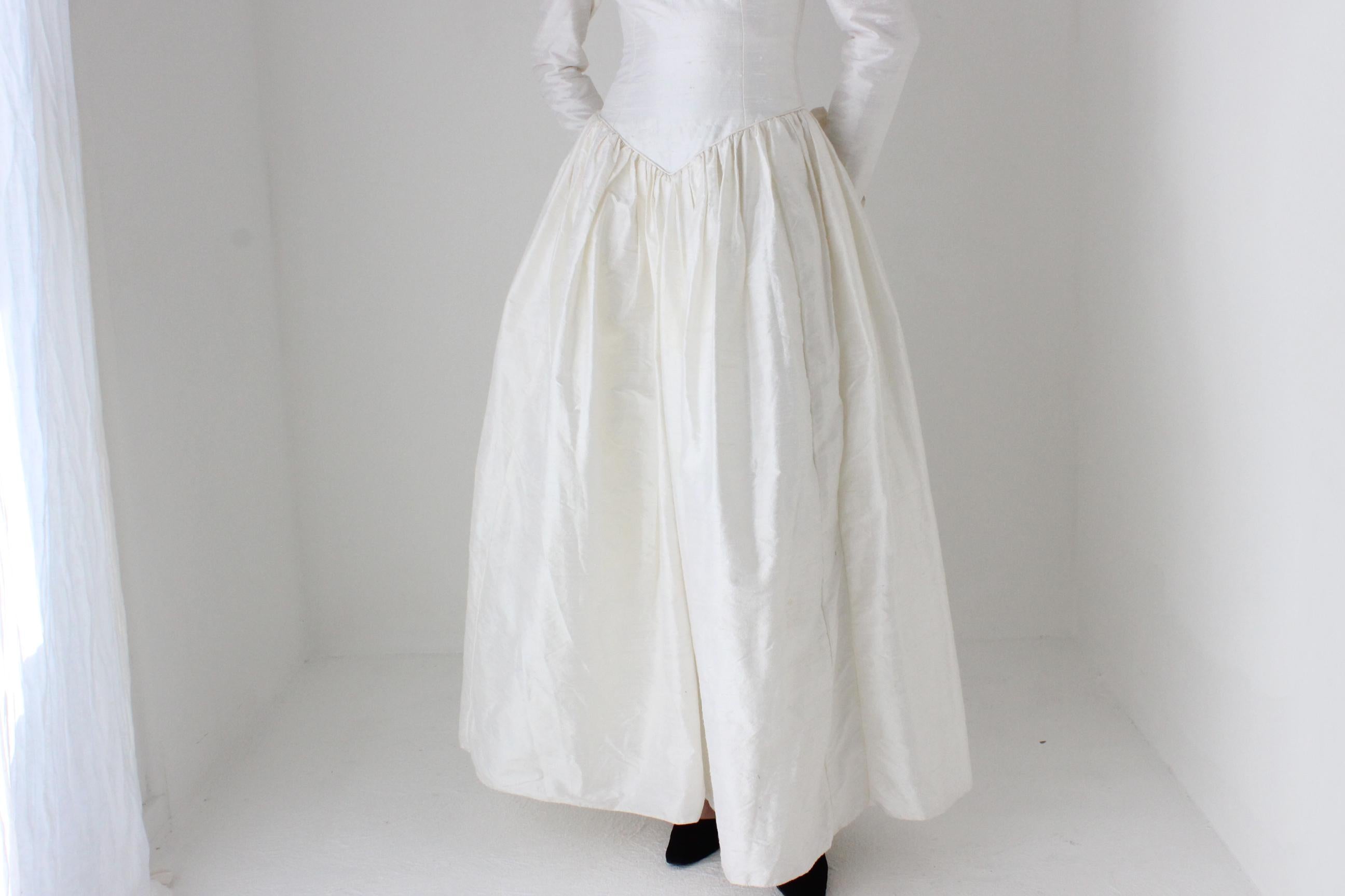 80s Silk Dupion Basque Waist, Off Shoulder, Long Sleeve Wedding Gown