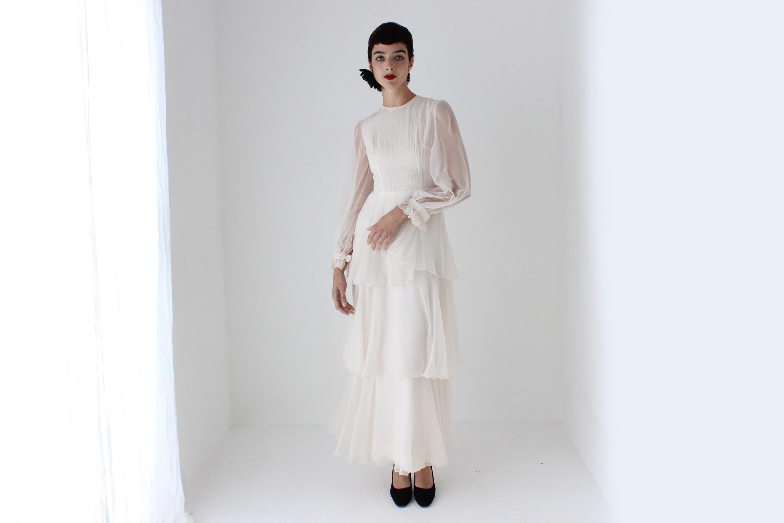 Romantic 70s Pastel Chiffon Tiered Ruffle Wedding Dress