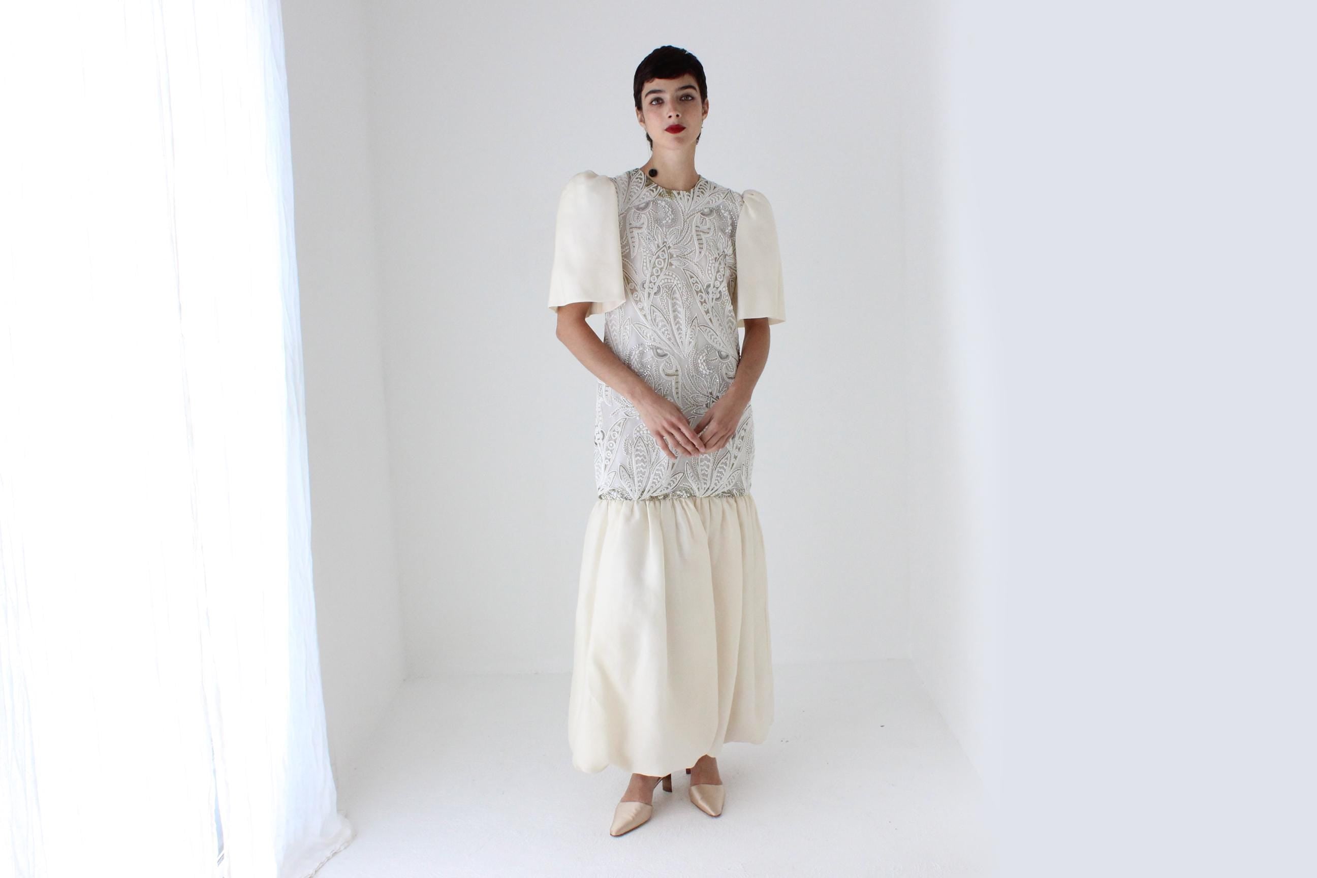 80s Mary McFadden Couture Silk Beaded Puff Sleeve / Bubble Dress