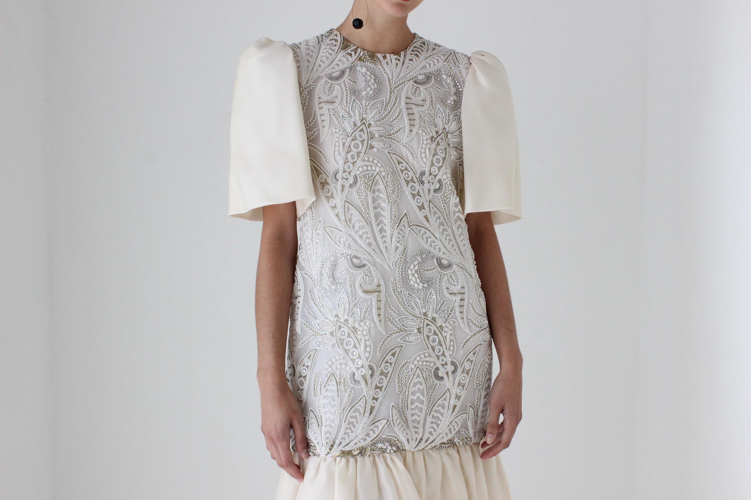 80s Mary McFadden Couture Silk Beaded Puff Sleeve / Bubble Dress