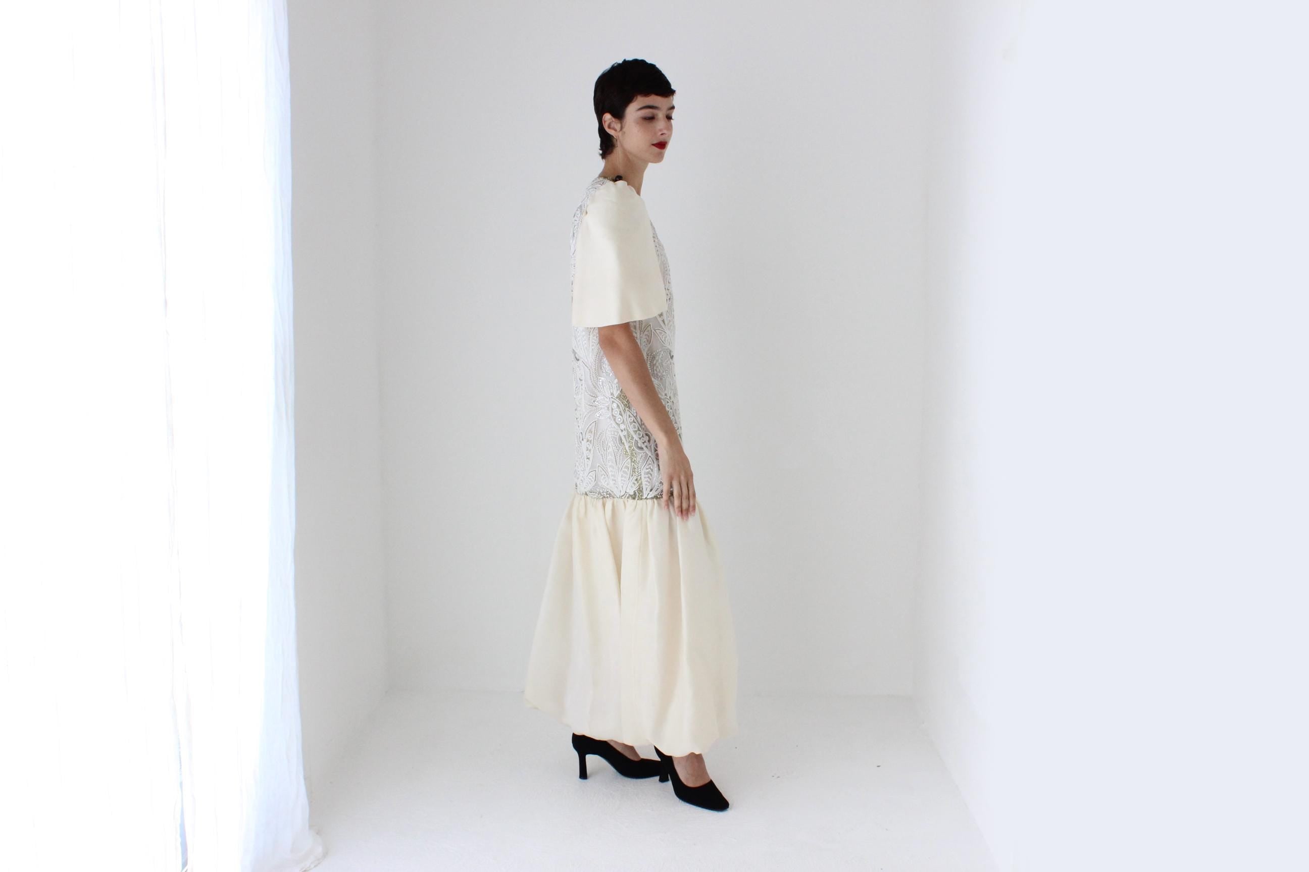 80s Mary McFadden Couture Silk Beaded Puff Sleeve / Bubble Dress