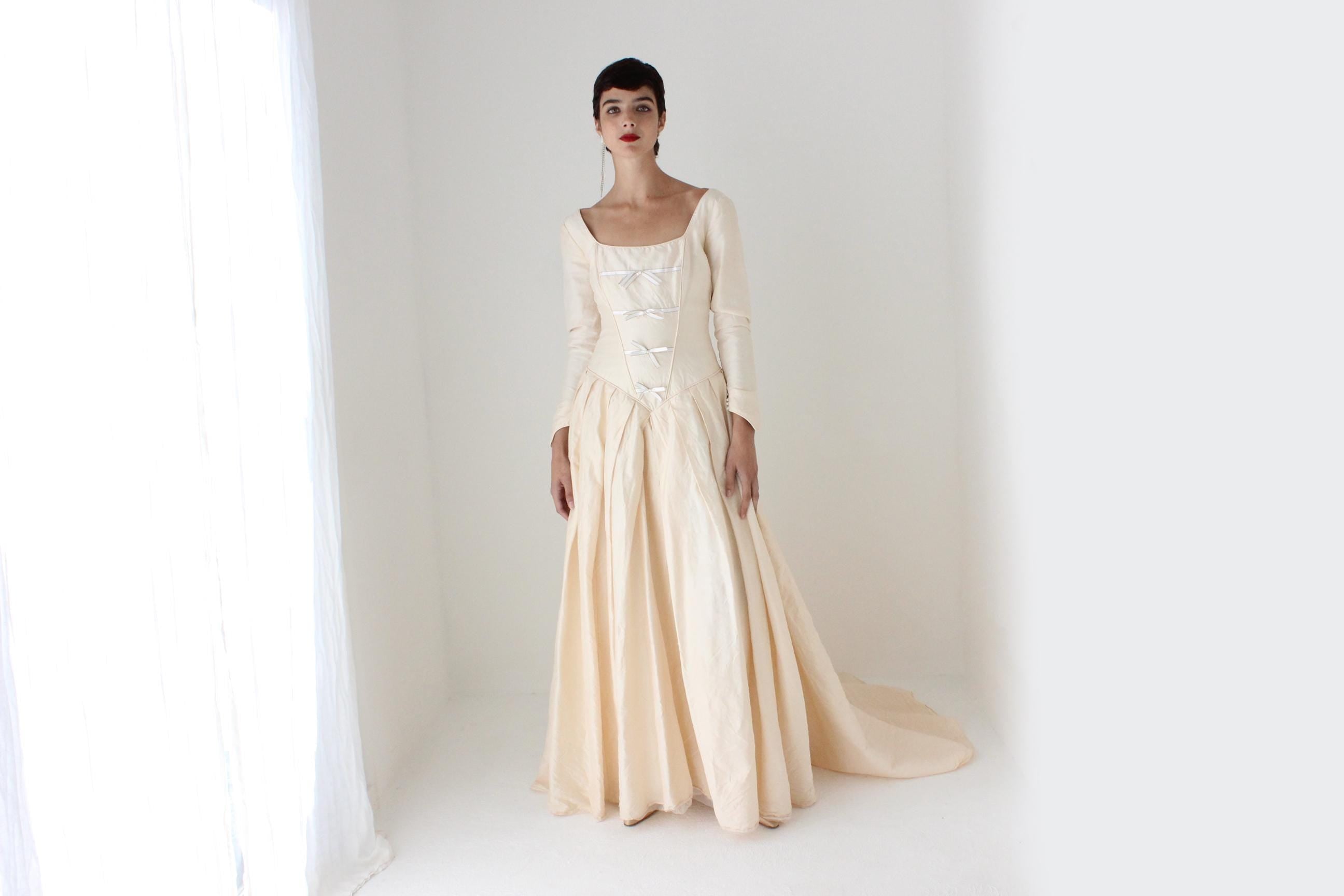 90s Pure Silk Renaissance Bride Basque Waist & Bow Corset Gown