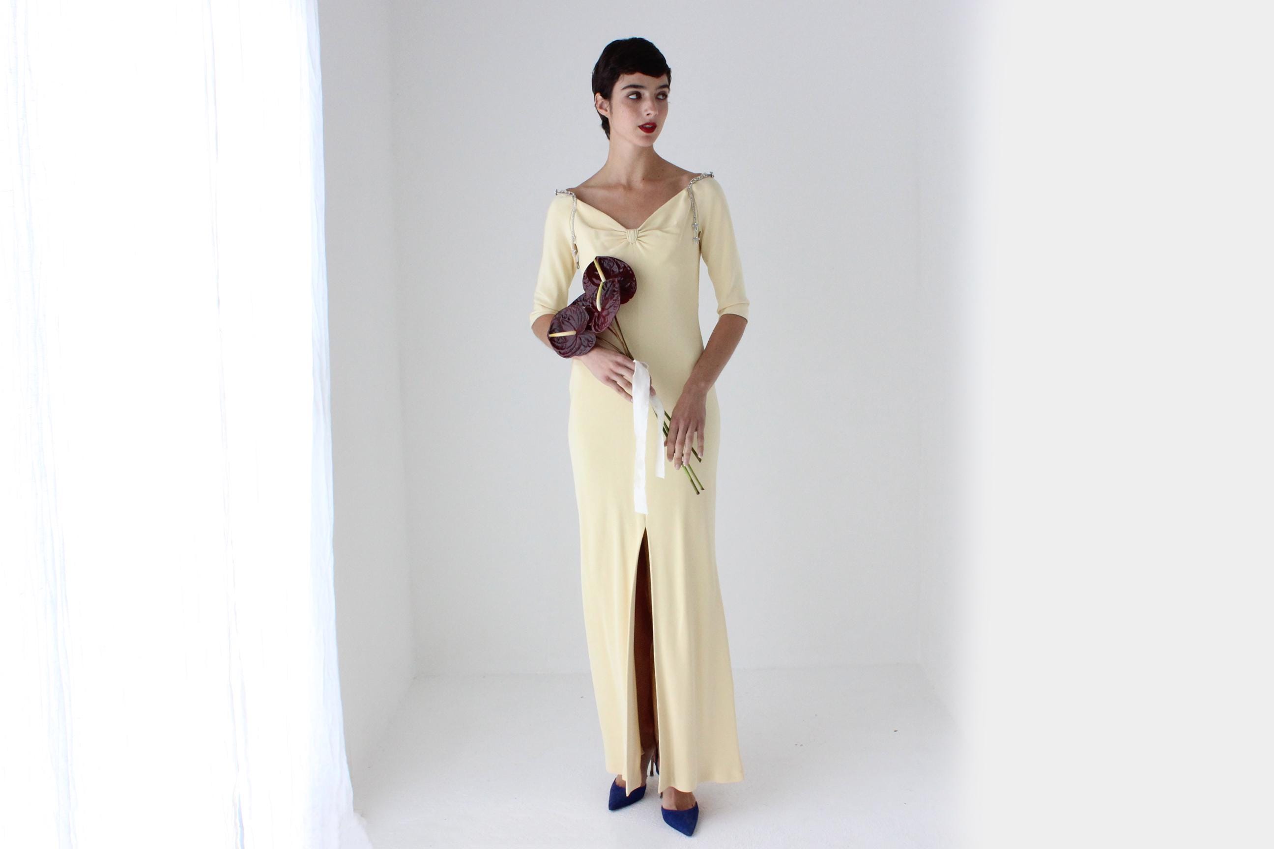 90s Does 40s Melinda Eng Pure Silk Pastel Yellow Gown