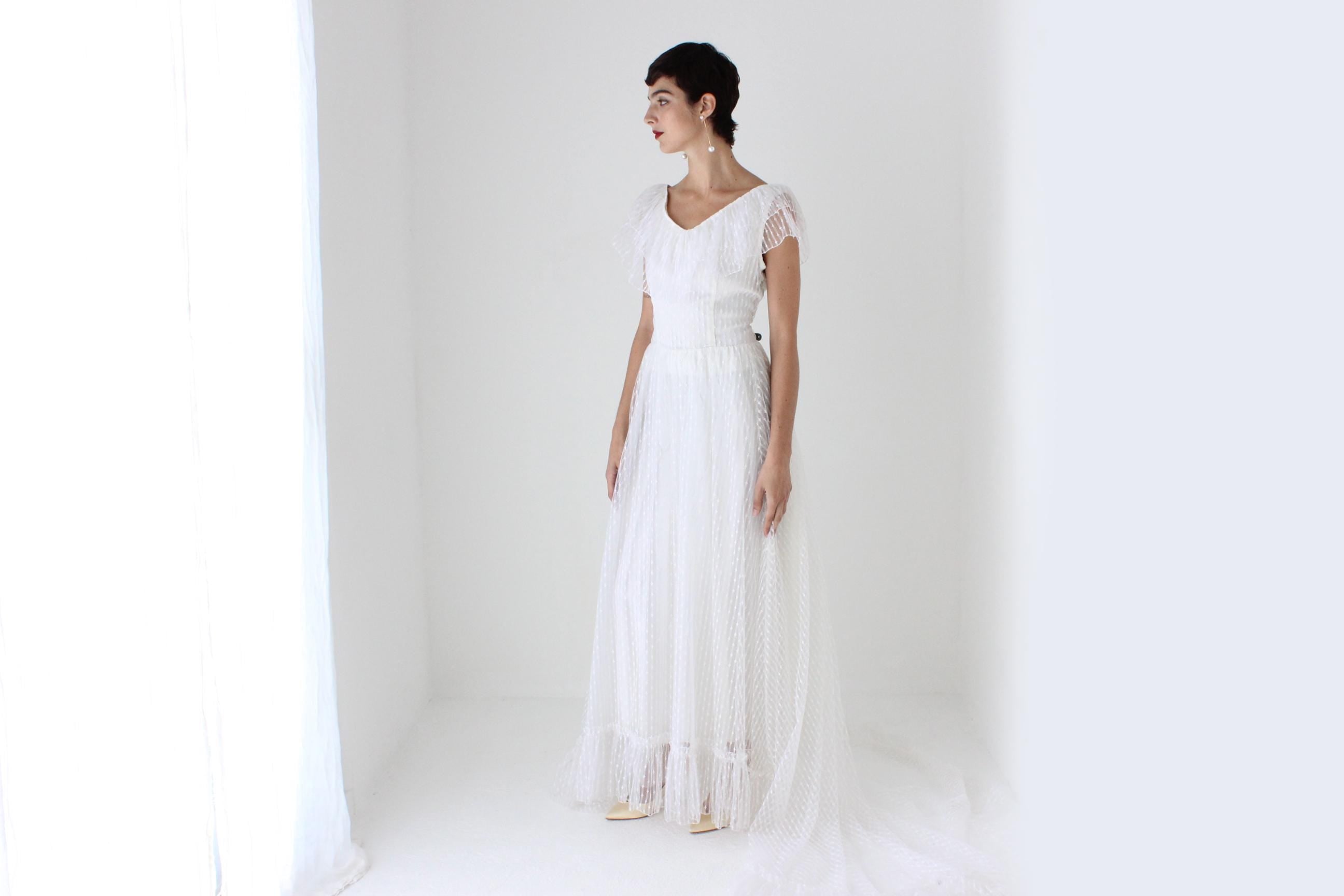 Romantic 70s Lace Flutter Ruffle Wedding Gown w/ Train