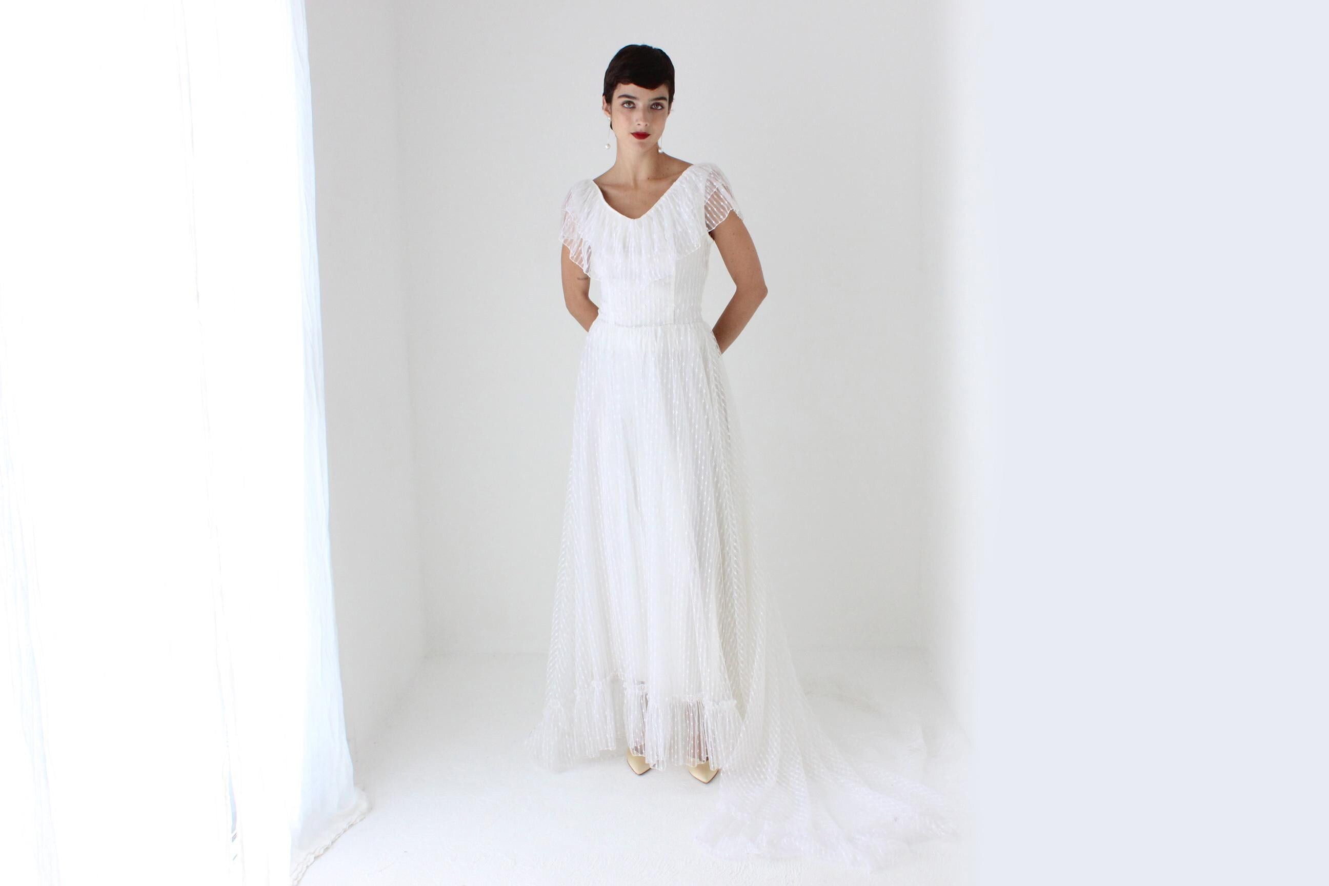 Romantic 70s Lace Flutter Ruffle Wedding Gown w/ Train